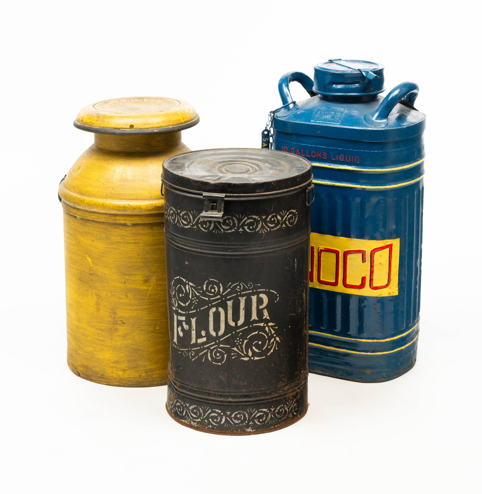THREE LARGE LIDDED CONTAINERS, INCL. SUNOCO TEN GALLON GAS CAN. (1 of 7)