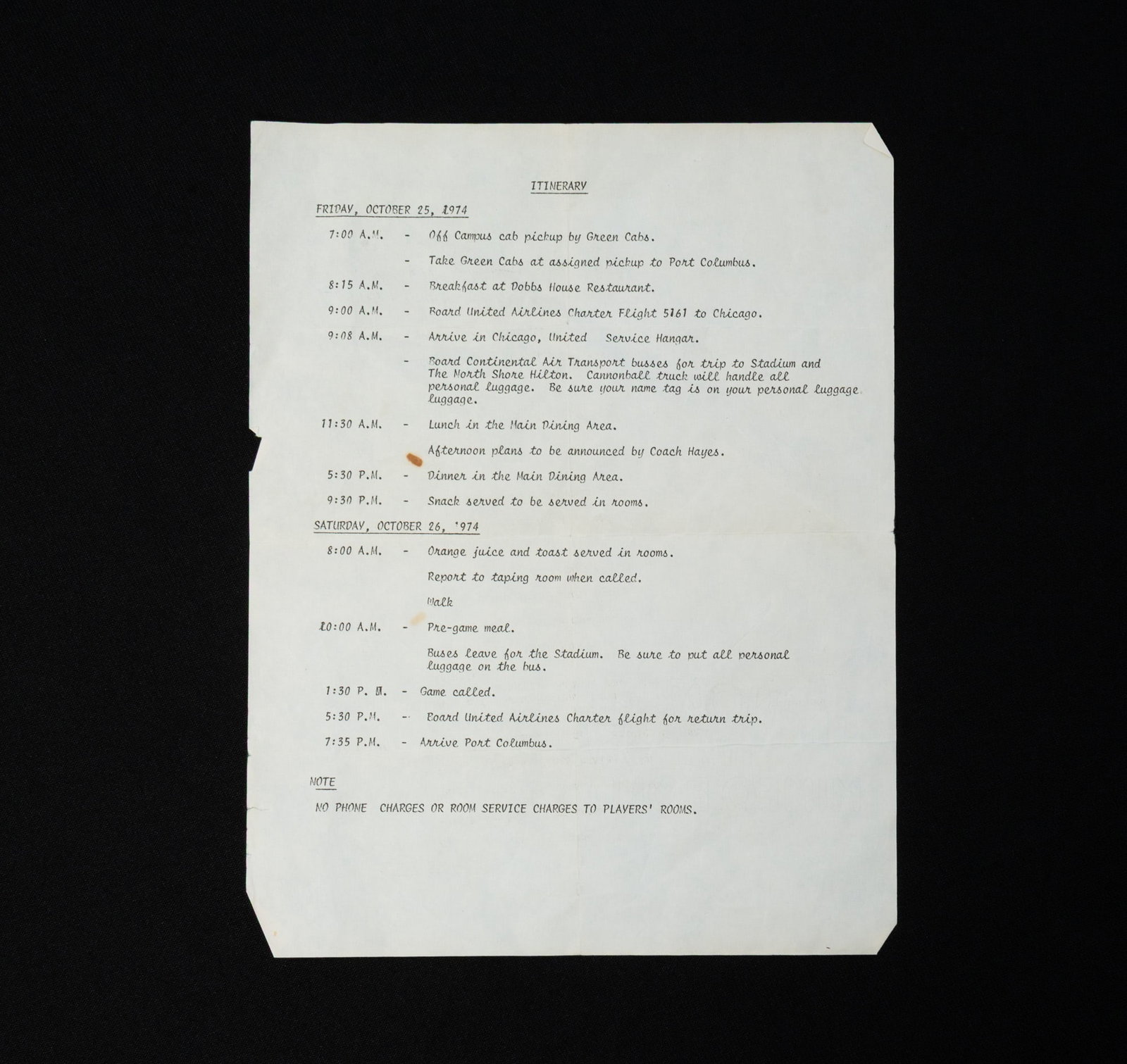 OHIO STATE UNIVERSITY FOOTBALL TEAM ITINERARY FROM 1974, WITH SIGNATURES INCL. ARCHIE GRIFFIN AND (1 of 4)