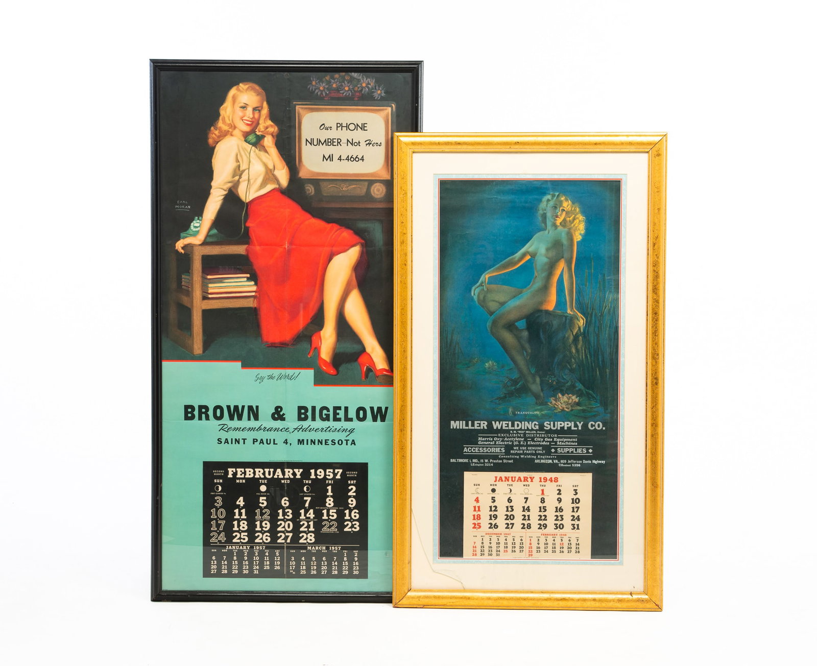 TWO FRAMED ADVERTISING CALENDARS OF WOMEN.: TWO FRAMED ADVERTISING CALENDARS OF WOMEN. American, mid-20th Century. Miller Welding Supply Co. (Baltimore, Maryland and Arlington, Virginia) advertisement featuring a nude woman sitting on a tree st