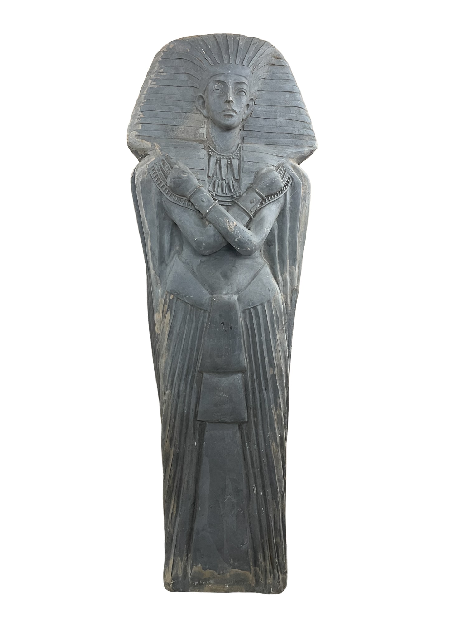 LARGE FIBERGLASS PHARAOH SARCOPHAGUS MOVIE PROP.: LARGE FIBERGLASS PHARAOH SARCOPHAGUS MOVIE PROP. American, mid-19th Century. Fiberglass on wooden armature. Gray-painted pharaoh wearing a large headdress, jewelry, and robes, with arms crossed over c