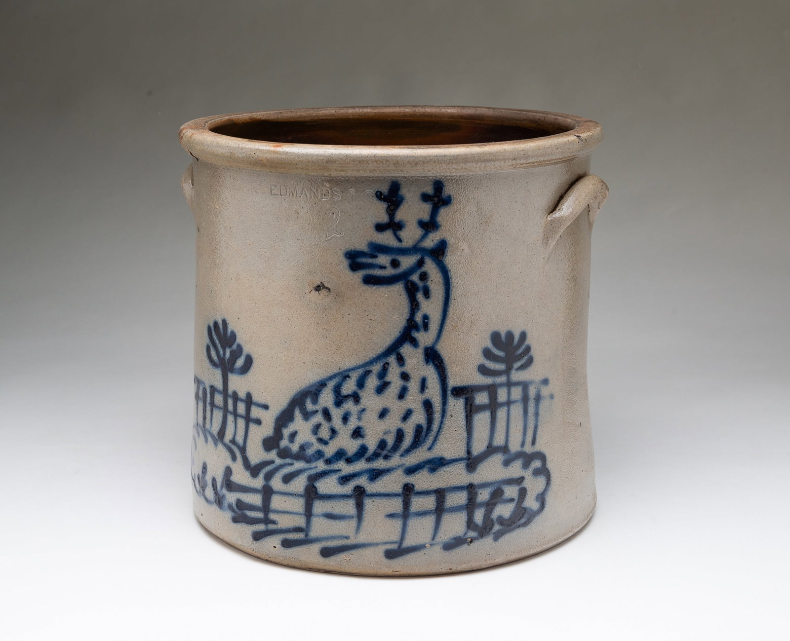 EDMANDS & CO. (CHARLESTOWN, MASSACHUSETTS) COBALT-DECORATED STONEWARE CROCK WITH FOLKSY RECLINING (1 of 4)