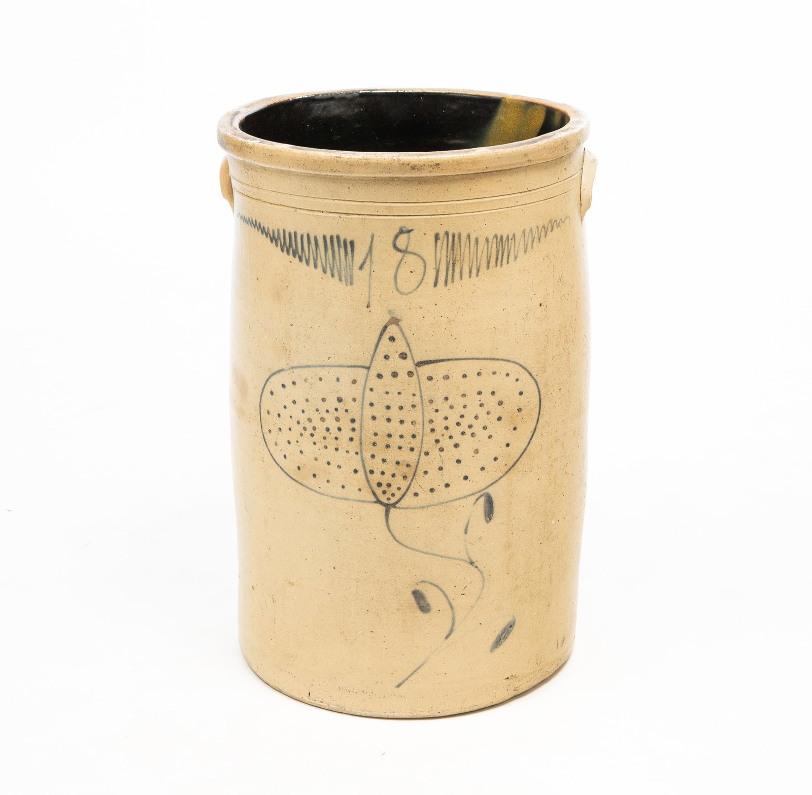 UNUSUAL FOLKSY EIGHTEEN-GALLON STONEWARE CROCK WITH FREEHAND COBALT STYLIZED FLOWER, ATTRIBUTED TO (1 of 7)