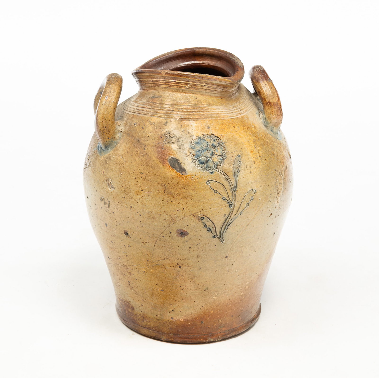 EARLY AND SCARCE SALT-GLAZED AND COBALT-HIGHLIGHTED STONEWARE CROCK WITH INCISED FLOWER, FISH, AND (1 of 8)