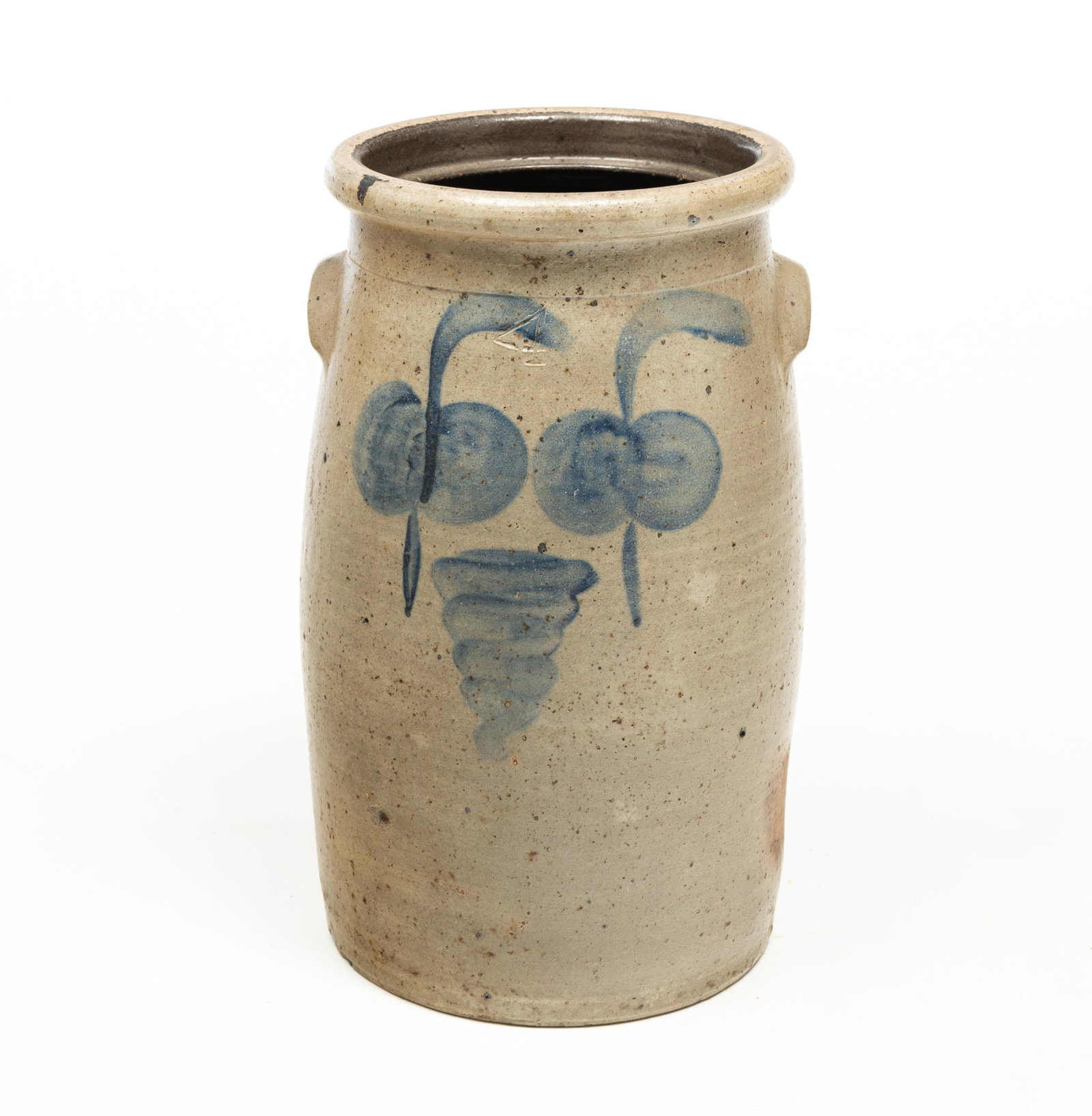 OHIO COBALT-DECORATED STONEWARE FOUR GALLON CHURN WITH APPLE AND TORNADO MOTIFS. (1 of 4)