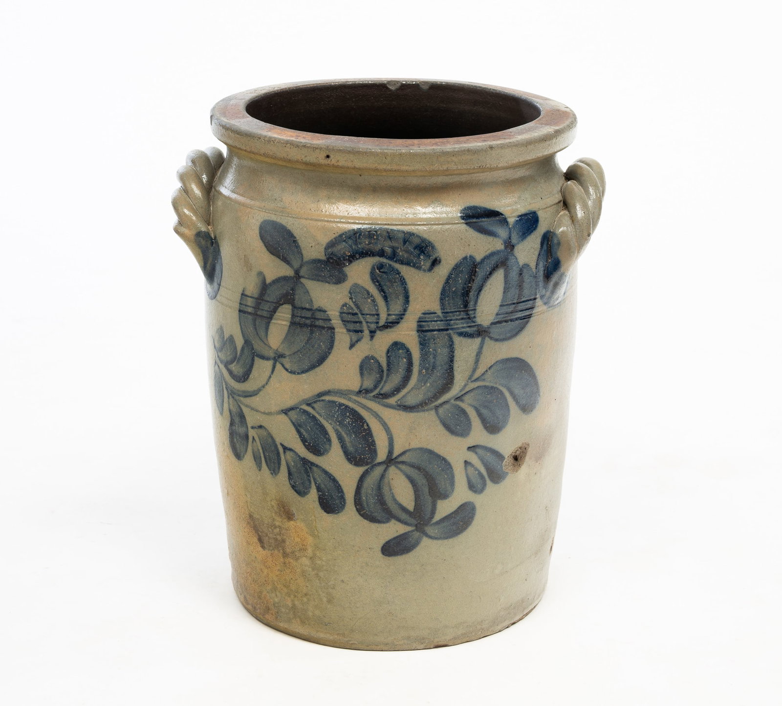 SOUTHWESTERN PENNSYLVANIA FREEHAND COBALT-DECORATED STONEWARE THREE GALLON CROCK WITH TWISTED ROPE (1 of 6)