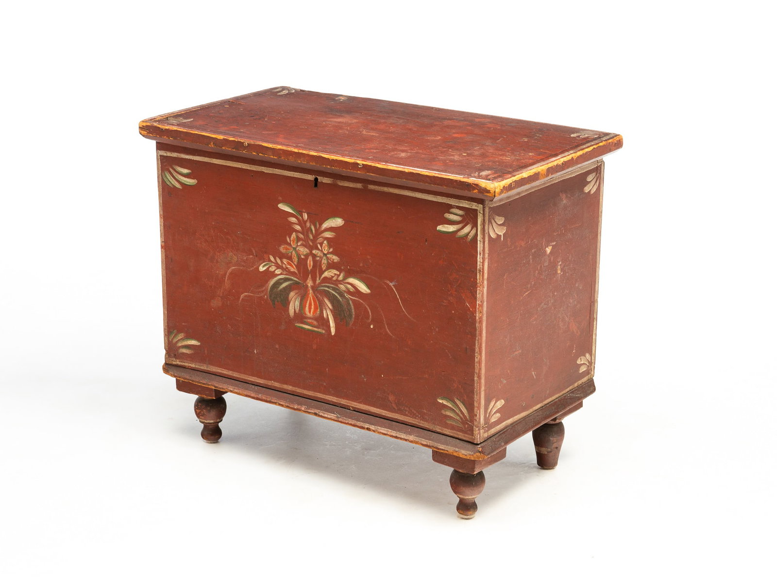 DIMINUTIVE PAINT-DECORATED POPLAR BLANKET CHEST, ATTRIBUTED TO TUSCARAWAS COUNTY, OHIO. (1 of 7)