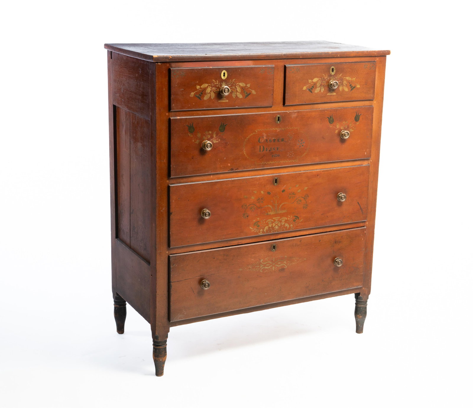 PENNSYLVANIA SOAP HOLLOW JACOB KNAGY CHEST OF DRAWERS.: PENNSYLVANIA SOAP HOLLOW JACOB KNAGY CHEST OF DRAWERS. American (Johnstown, Somerset County), Third quarter 19th Century. Cherry with pine secondary. Two board top, paneled ends, two over three