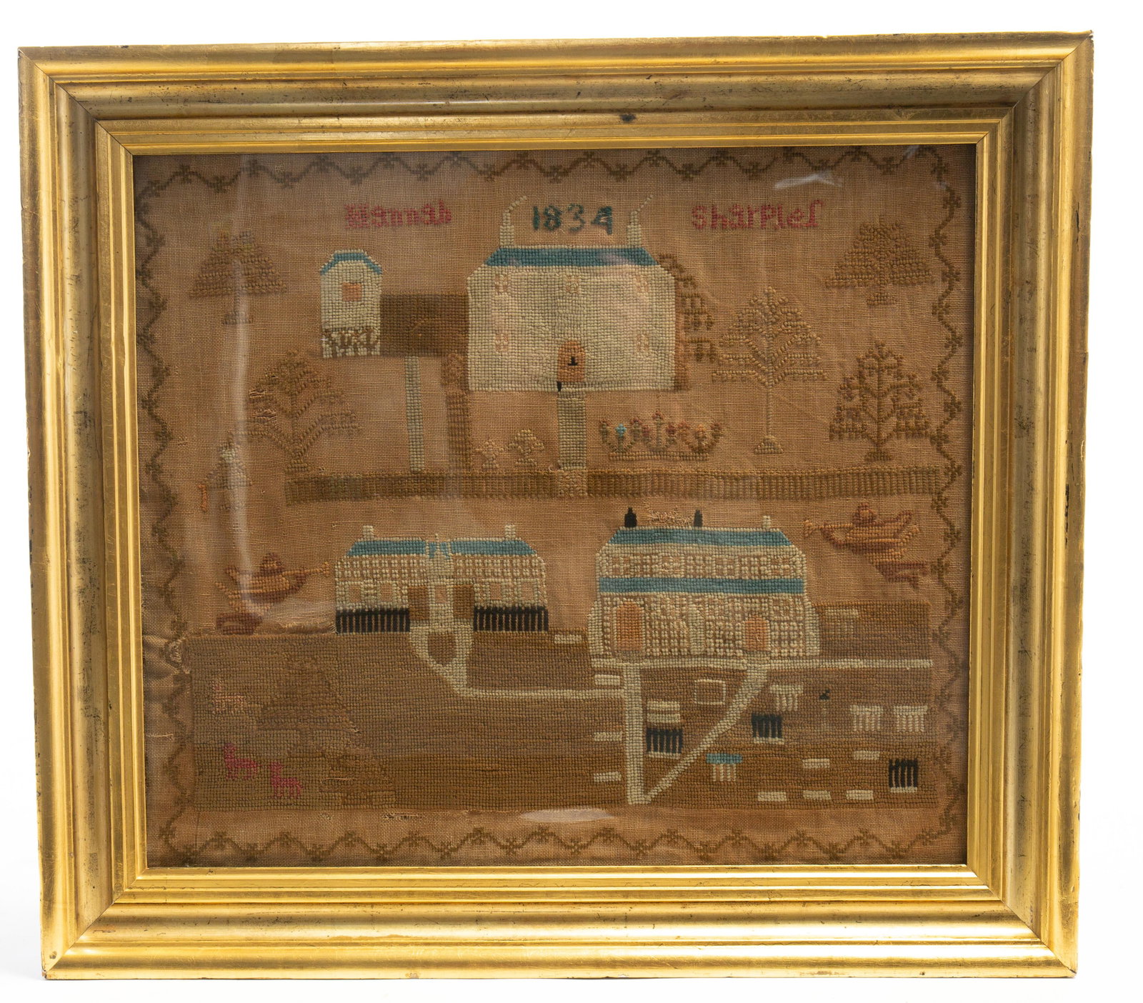 CHESTER COUNTY, PENNSYLVANIA QUAKER SAMPLER WROUGHT BY HANNAH SHARPLES.: CHESTER COUNTY, PENNSYLVANIA QUAKER SAMPLER WROUGHT BY HANNAH SHARPLES. American, Dated 1834. Colored floss on linen. Landscape filled with buildings, animals, trees, and two heralding angels. Signed