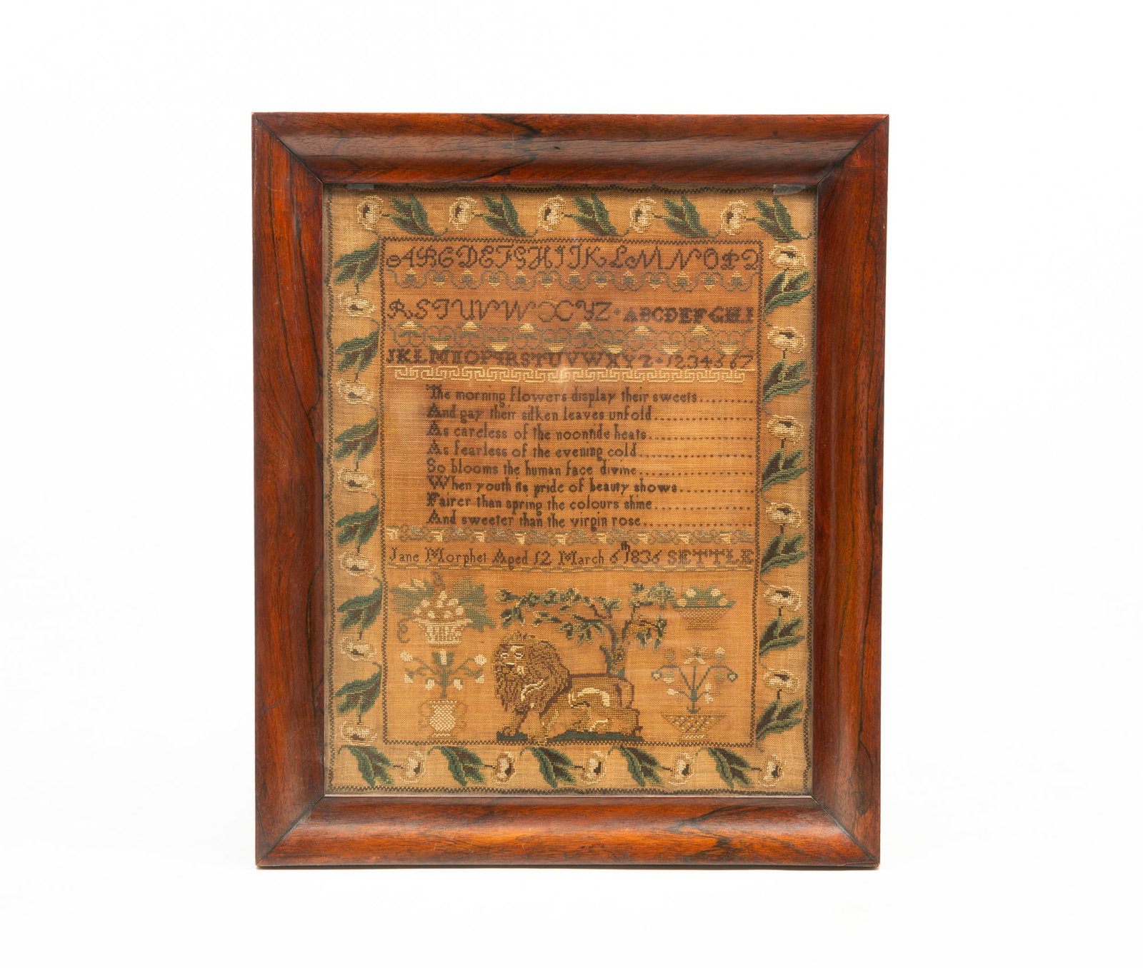 JANE MORPHET NEEDLEWORK SAMPLER, DATED 1836. (1 of 6)