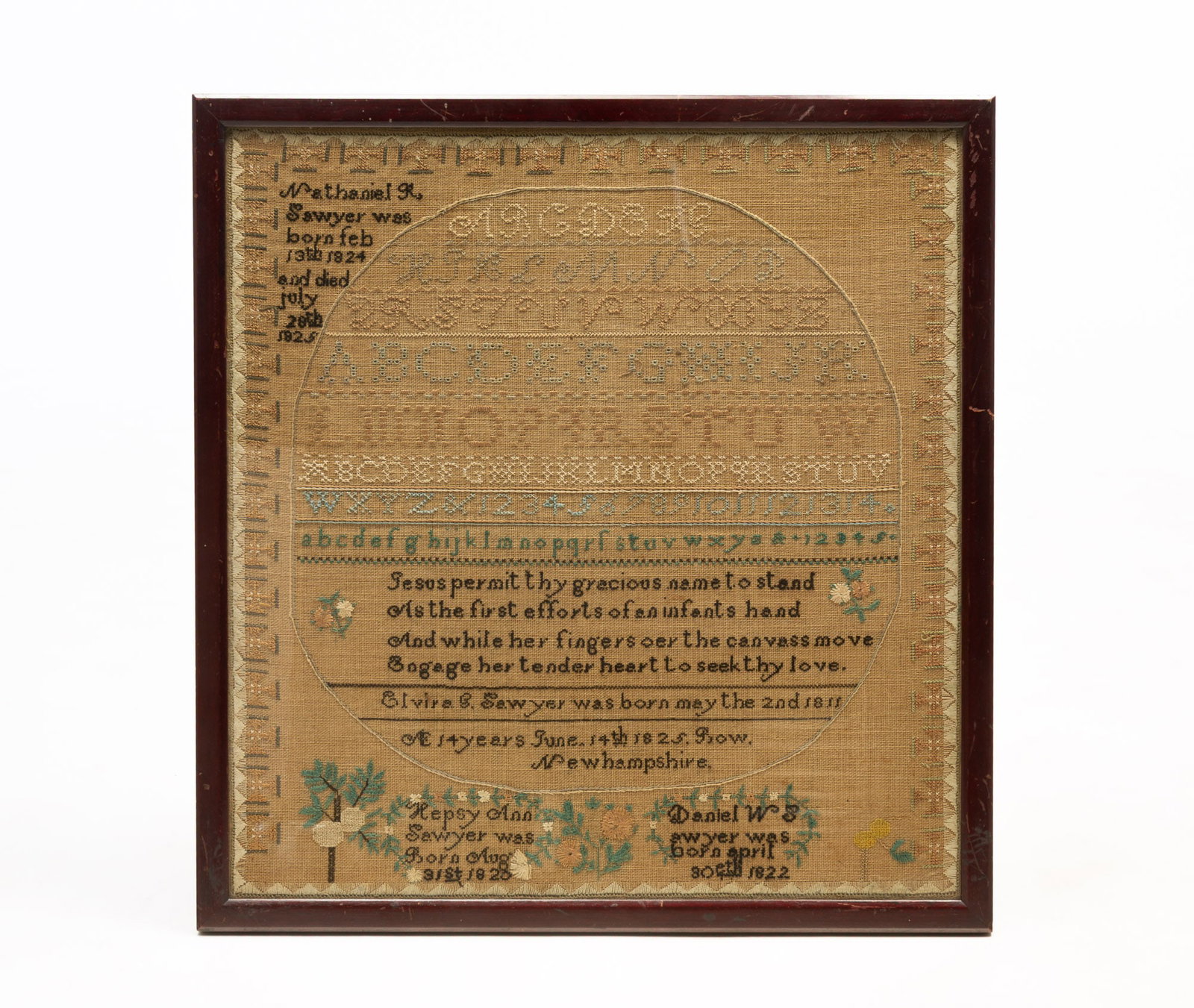 FAMILY NEEDLEWORK SAMPLER WROUGHT BY ELVIRA SAWYER. (1 of 5)