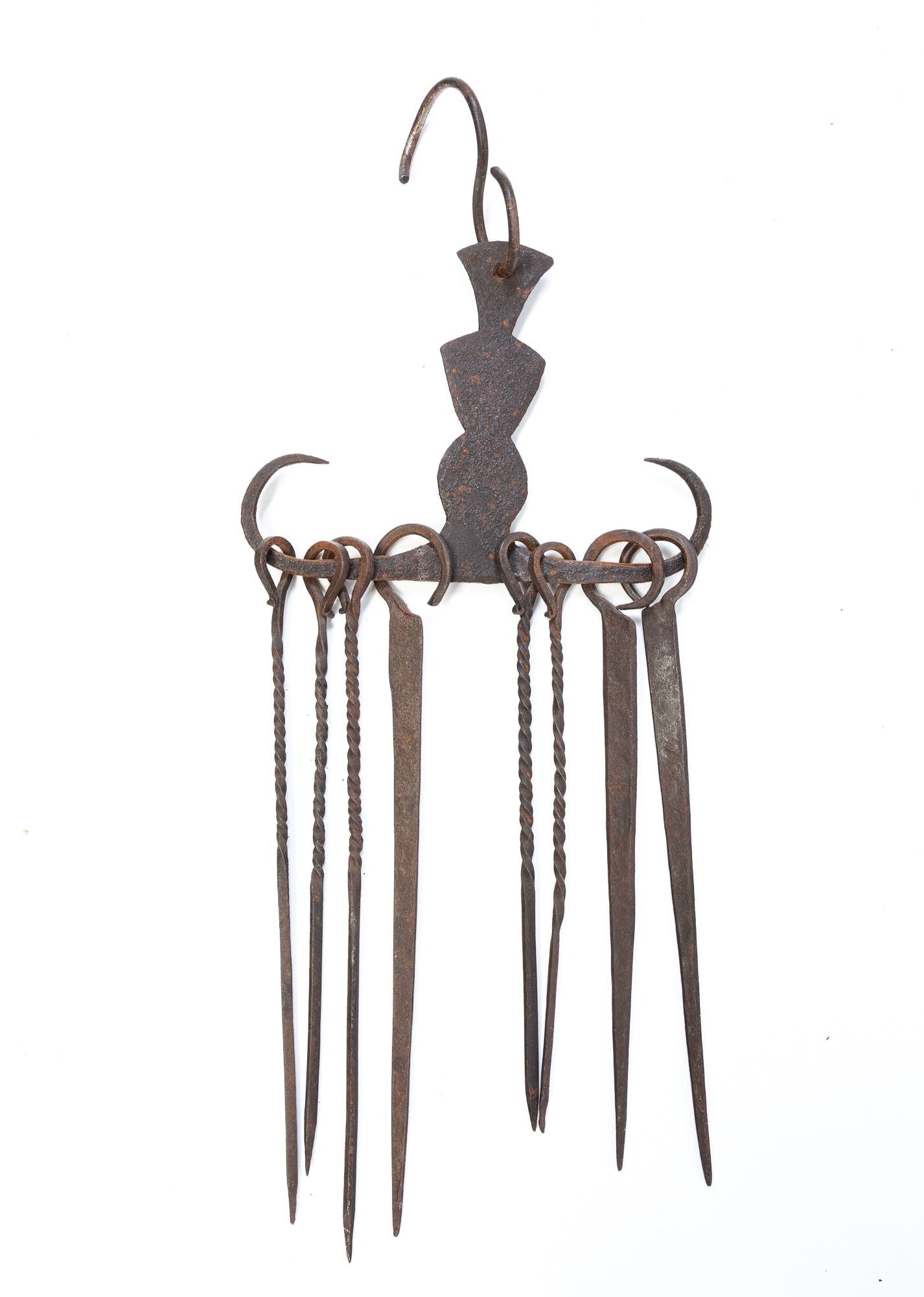WROUGHT IRON SKEWER RACK WITH EIGHT SKEWERS. (1 of 1)