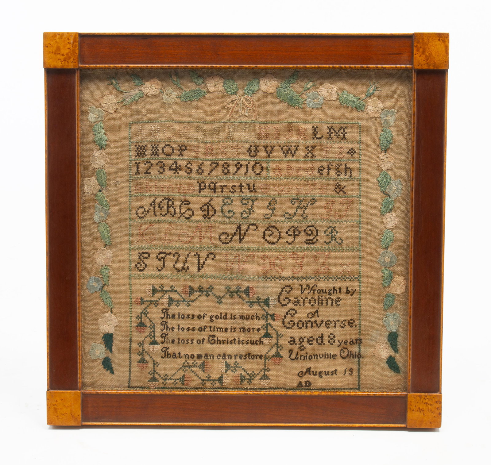 EARLY OHIO NEEDLEWORK SAMPLER WROUGHT BY CAROLINE CONVERSE. (1 of 2)