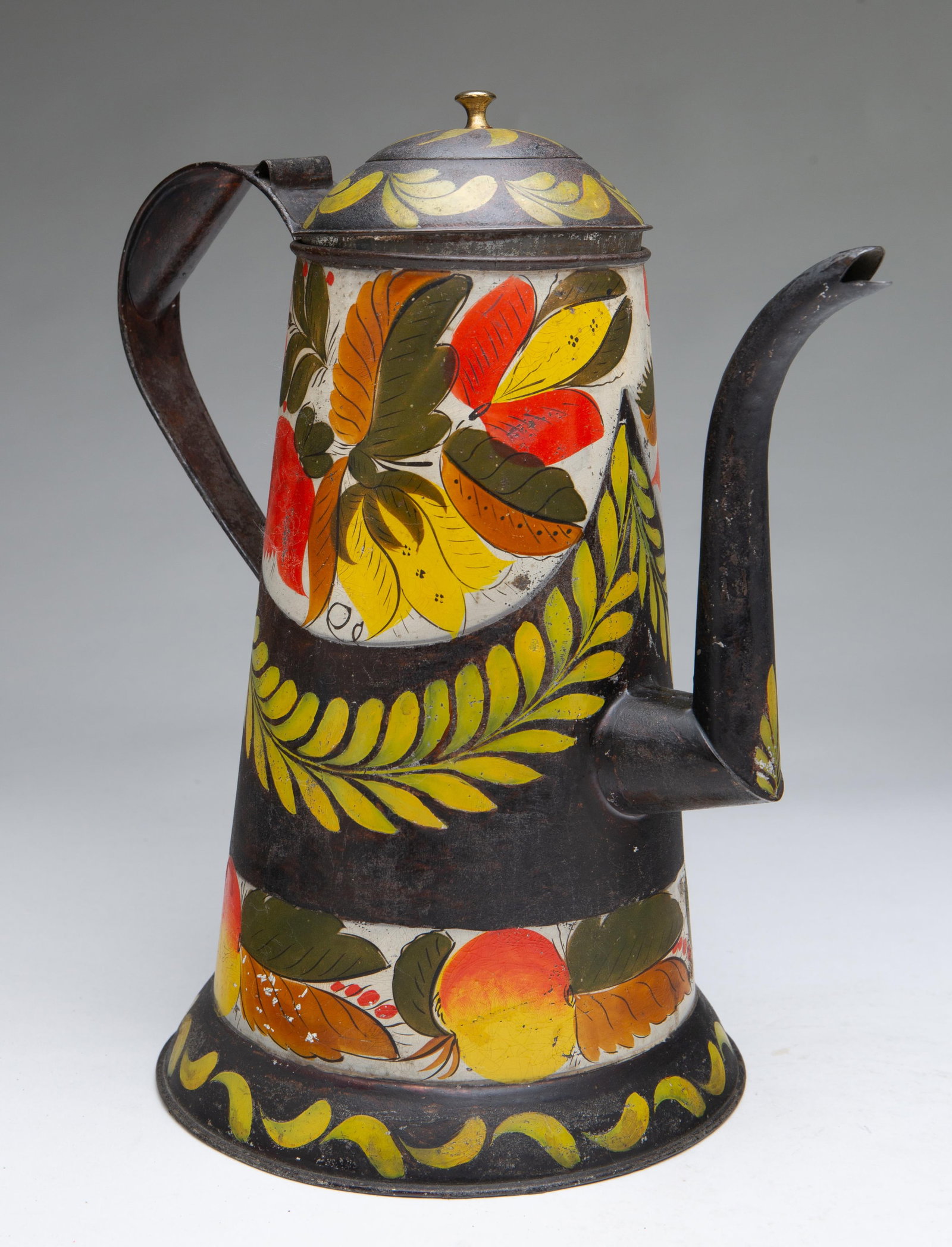 A PENNSYLVANIA TOLEWARE GOOSENECK COFFEE POT WITH EXUBERANT ORIGINAL POLYCHROME PAINTED DECORATION. (1 of 12)