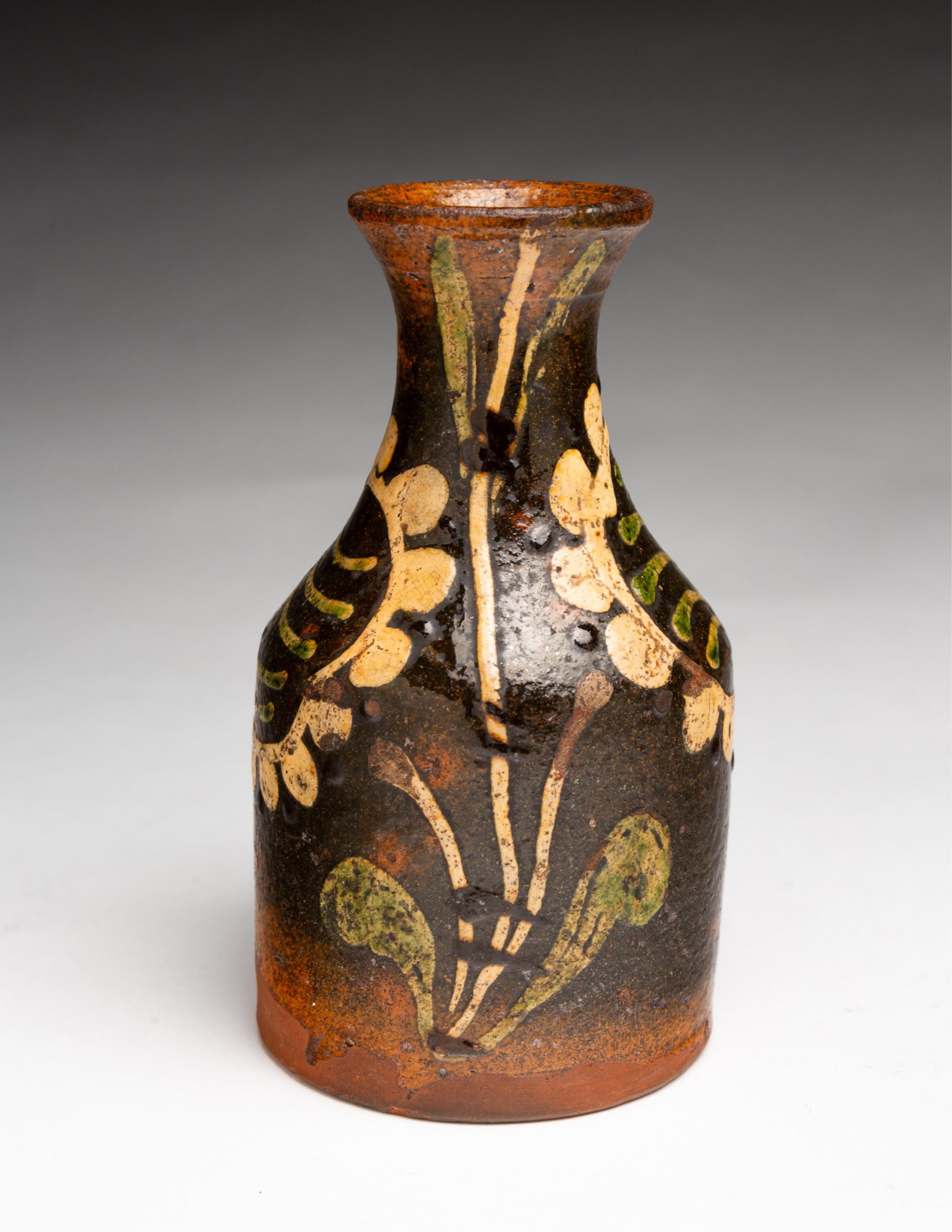 AN EXCEPTIONAL LANCASTER, PENNSYLVANIA DIMINUTIVE POLYCHROME SLIP-DECORATED REDWARE BOTTLE WITH (1 of 4)