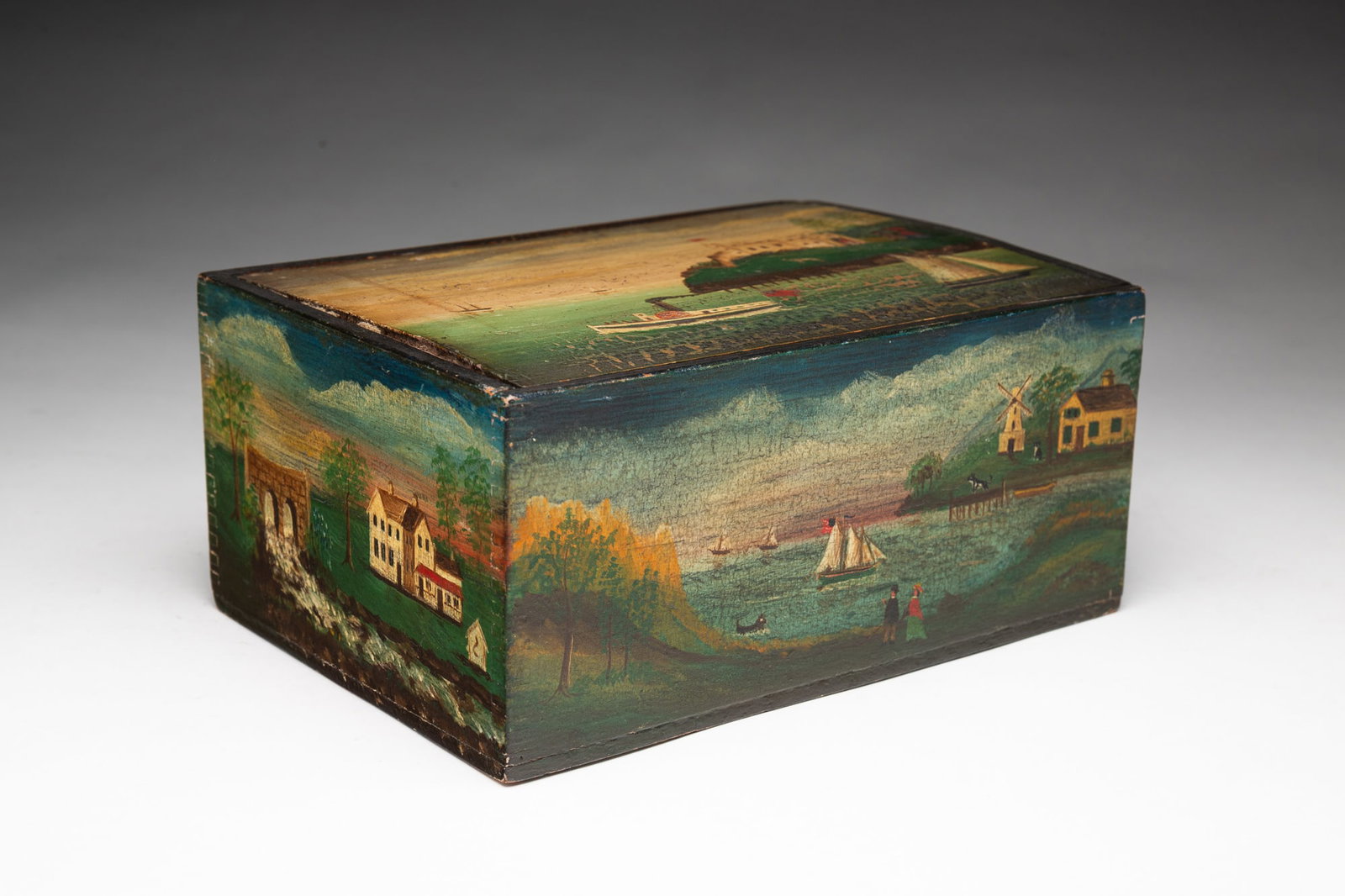 FOLK ART POLYCHOME PAINTED SLIDE LID BOX WITH HUDSON RIVER VALLEY LANDSCAPES. (1 of 8)