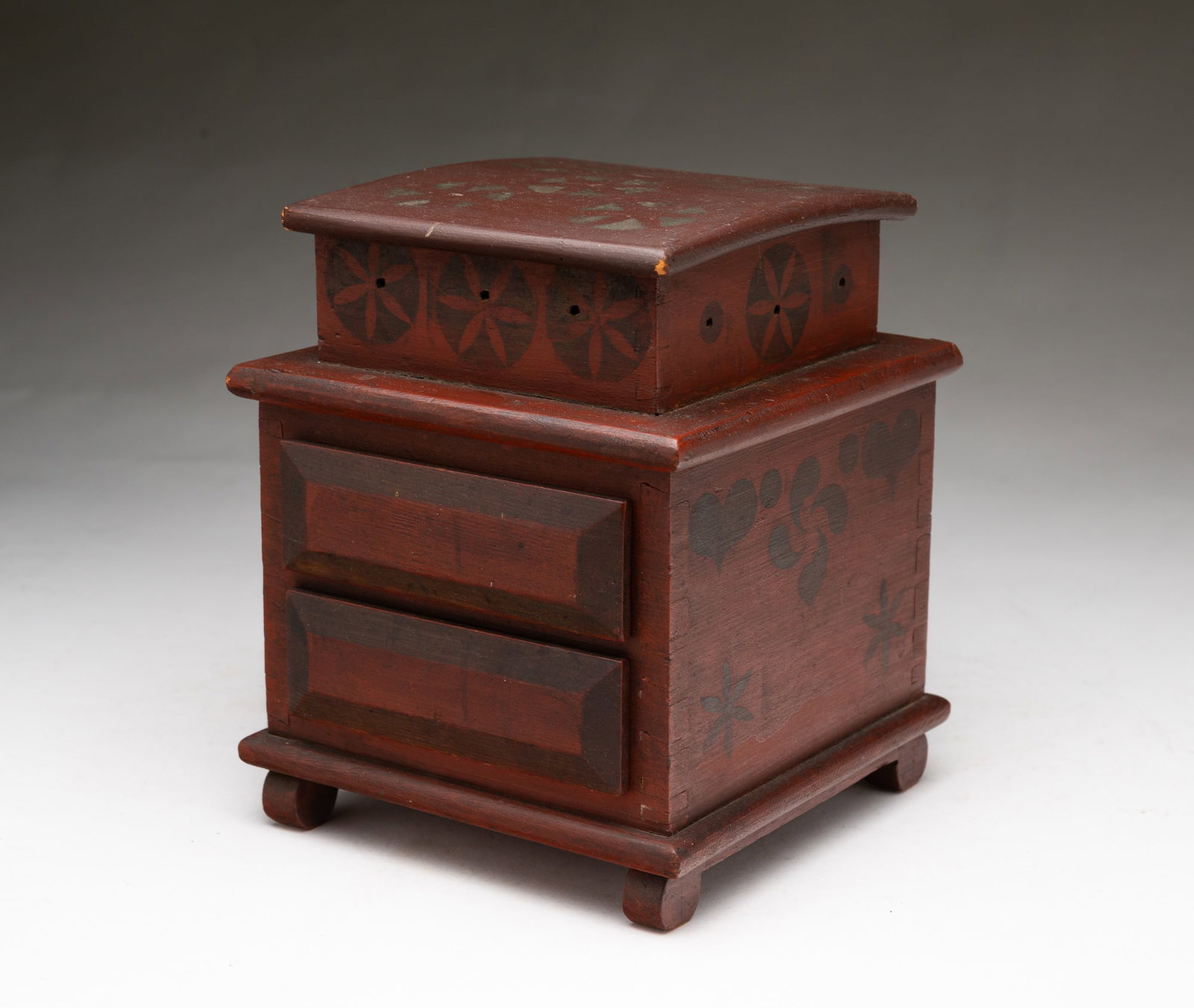 PENNSYLVANIA STENCIL-DECORATED SEWING BOX.: PENNSYLVANIA STENCIL-DECORATED SEWING BOX. American, 19th Century. Of square form with dovetailed construction, having a lift-lid top and two overlapping dovetailed drawers, stenciled with black