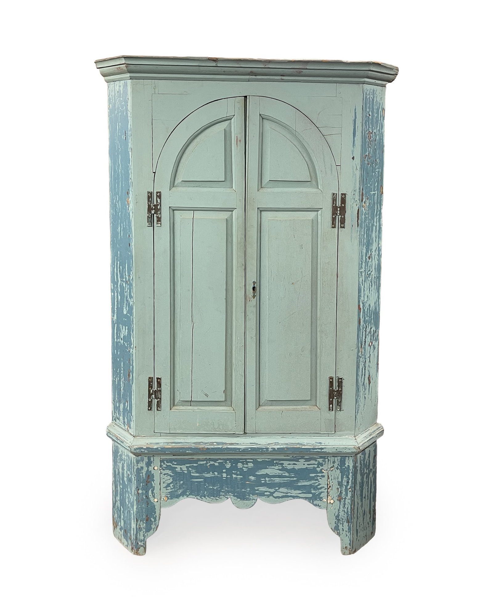 UNUSUAL ONE-PIECE CORNER CUPBOARD IN BLUE PAINT. (1 of 7)