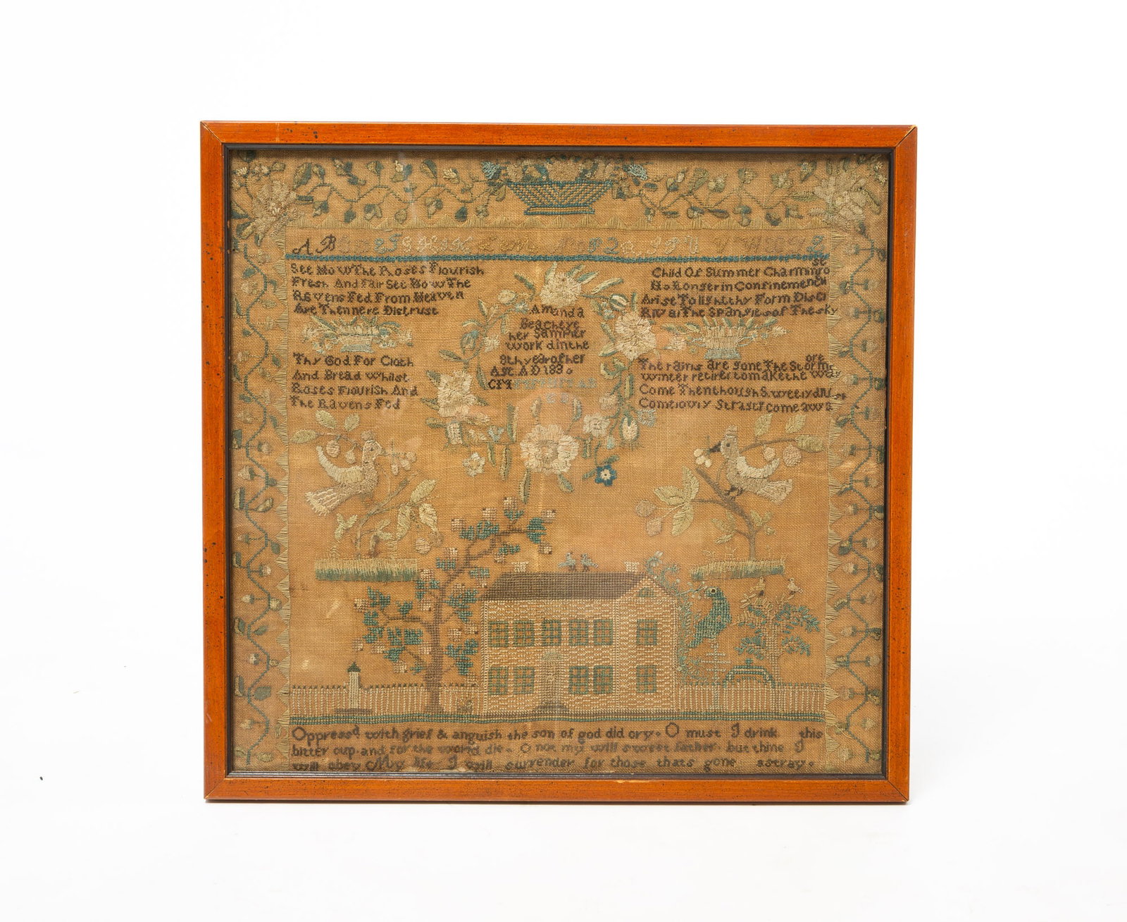 NEEDLEWORK SAMPLER BY AMANDA BEACHEYE, DATED 1830.: NEEDLEWORK SAMPLER BY AMANDA BEACHEYE, DATED 1830. American, Early 19th Century. Strawberry border, floral corners, and a basket of flowers center top border. Lower five bay Federal house, picket fenc