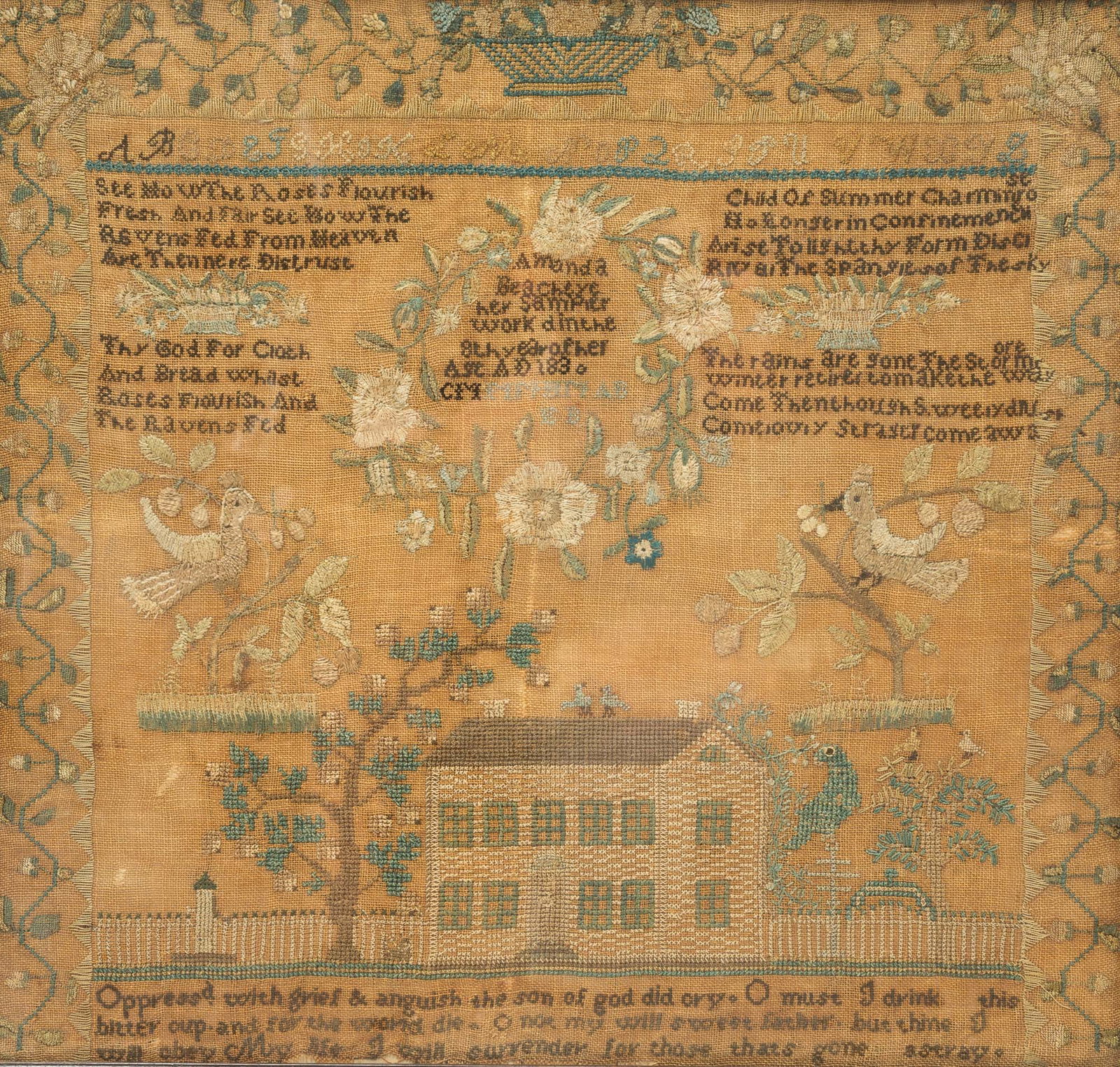 NEEDLEWORK SAMPLER BY AMANDA BEACHEYE, DATED 1830. - 2
