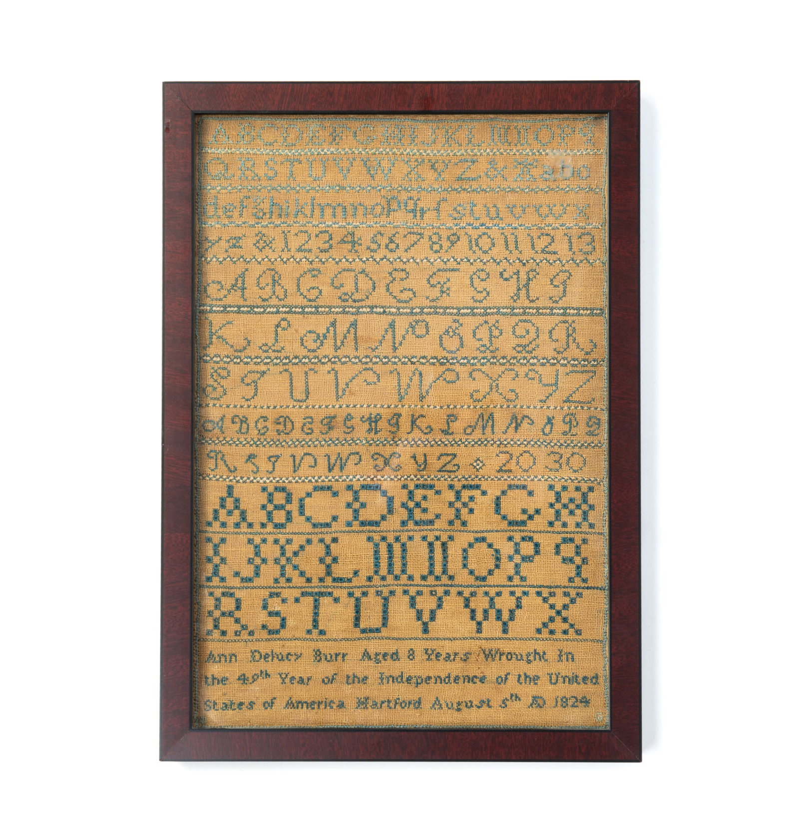 ANN DELUCY BURR (HARTFORD, CONNECTICUT, B. 1816) NEEDLEWORK SAMPLER, DATED 1824.: ANN DELUCY BURR (HARTFORD, CONNECTICUT, B. 1816) NEEDLEWORK SAMPLER, DATED 1824. Colored thread on linen. Rows of alphabets and numerals in various stitches and signed, "Ann De Lucy Burr Aged 8 Years 