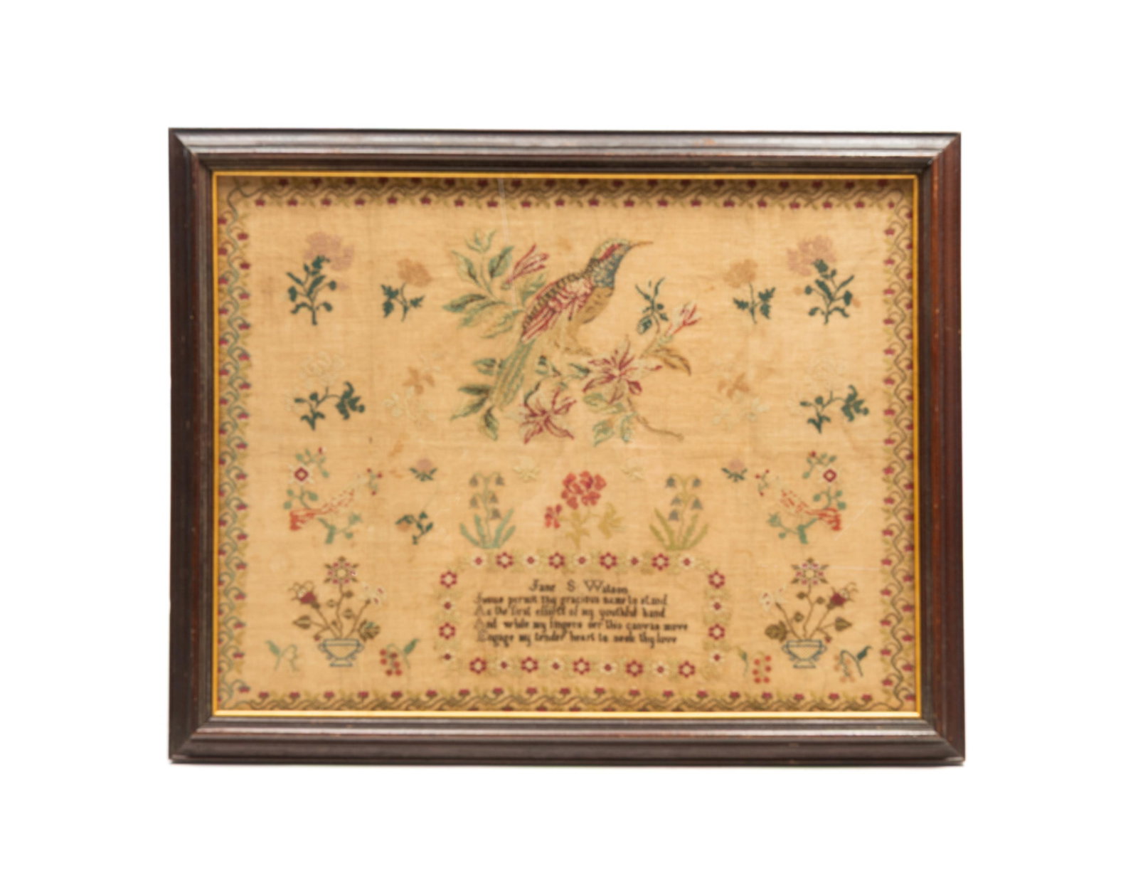 JANE S. WATSON NEEDLEWORK BIRD AND FLORAL SAMPLER.: JANE S. WATSON NEEDLEWORK BIRD AND FLORAL SAMPLER. American or English, 19th Century. Colored thread on linen. An intricate vining strawberry border containing a vibrant bird resting on a branch of fl