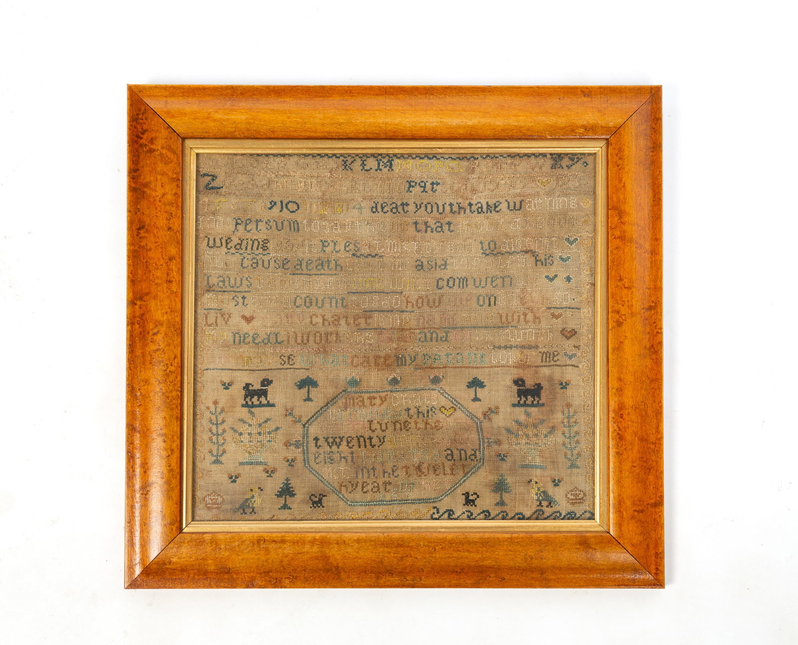 SCHOOLGIRL NEEDLEWORK SAMPLER WITH DOGS BY MARY CHATER, DATED 1806.: SCHOOLGIRL NEEDLEWORK SAMPLER WITH DOGS BY MARY CHATER, DATED 1806. English, Early 19th Century. Polychrome thread on linen. Rows of alphabets and numerals, poetic verse, and in a cartouche near botto