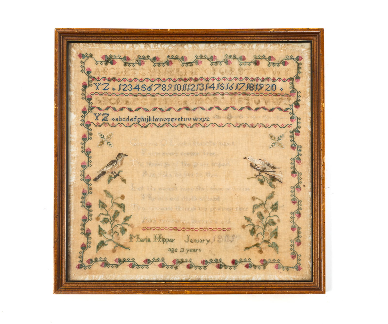 NEEDLEWORK SAMPLER WITH BIRDS AND VERSE BY MARIA HIPPER, DATED 1809.: NEEDLEWORK SAMPLER WITH BIRDS AND VERSE BY MARIA HIPPER, DATED 1809. American, 19th Century. Polychrome thread on linen. Rows of alphabet and numbers interspersed with running decoration above a poeti