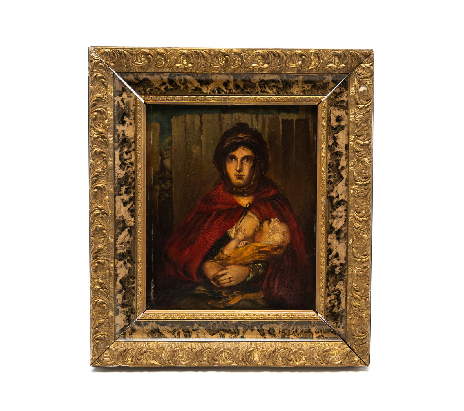 ATTRIBUTED TO GEORGE MORLAND (BRITISH, 1763-1804) "A GYPSY MOTHER" OIL ON BOARD.: ATTRIBUTED TO GEORGE MORLAND (BRITISH, 1763-1804) "A GYPSY MOTHER" OIL ON BOARD. English, Late 18th or Early 19th Century. Depicting a seated woman dressed in a head scarf and red robe nursing her