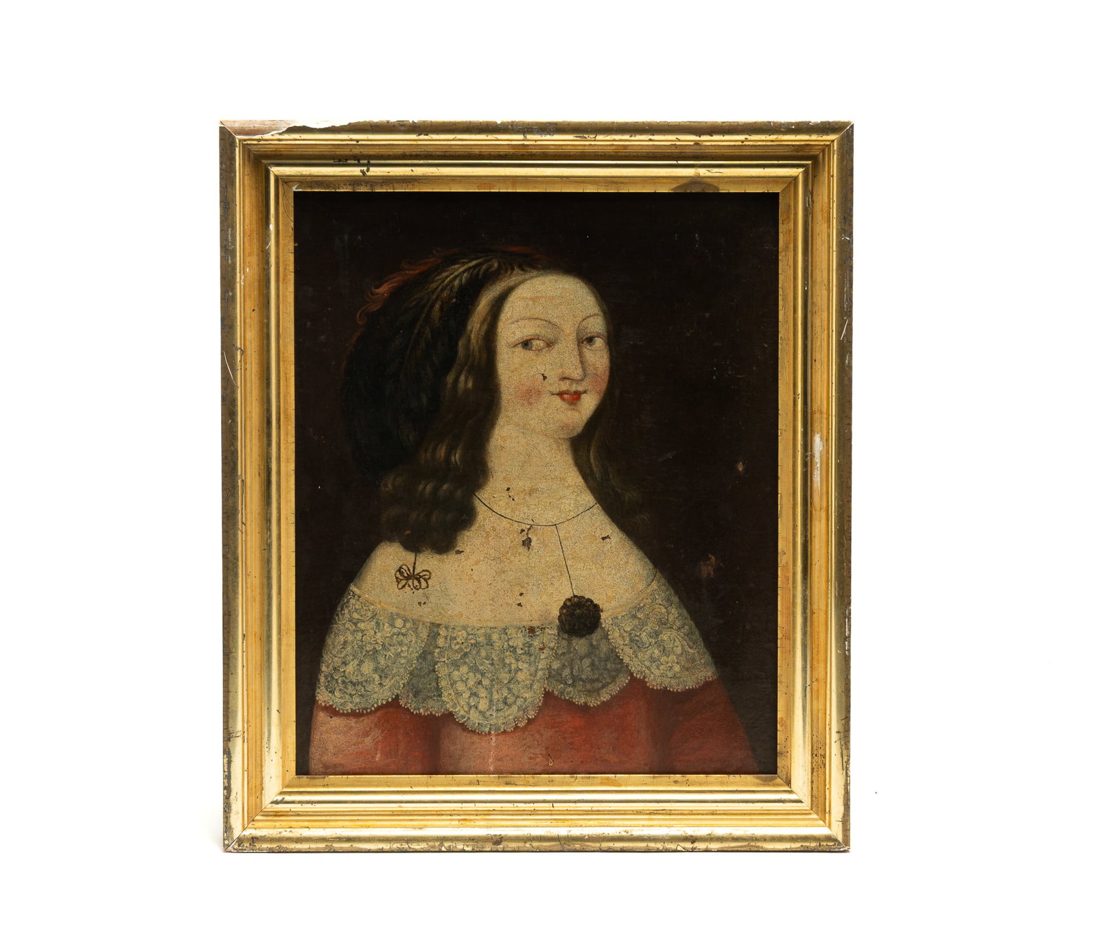EUROPEAN SCHOOL PORTRAIT OF A WOMAN.: EUROPEAN SCHOOL PORTRAIT OF A WOMAN. 18th Century. Oil on canvas. Seated female with large dark hair and a feather in her mane, a knot of hair resting on her chest, a red off-the-shoulder dress with l