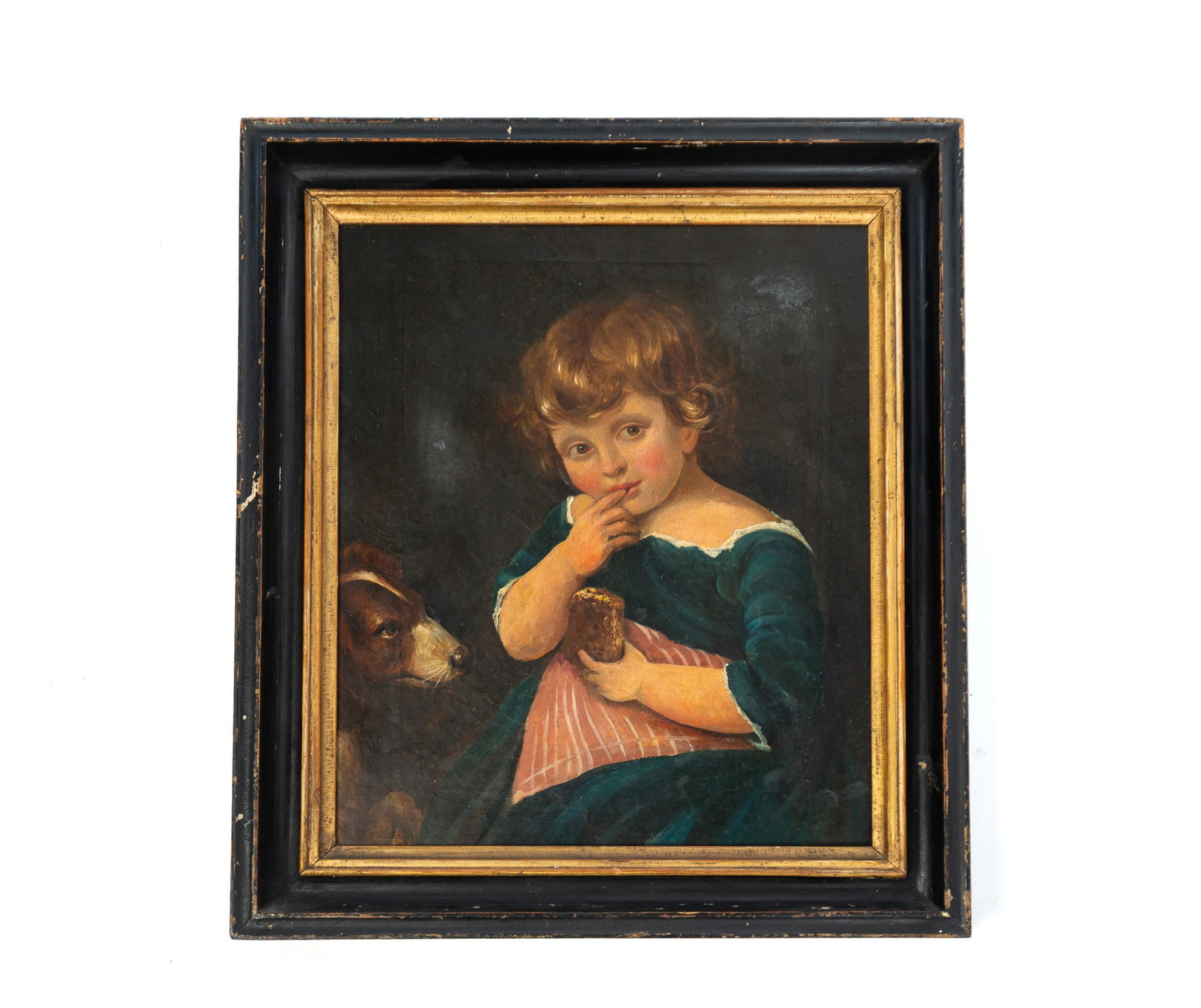 AMERICAN SCHOOL PORTRAIT OF A CHILD.: AMERICAN SCHOOL PORTRAIT OF A CHILD. 19th Century. Oil on canvas. Unsigned. Portrait featuring a child in a green dress holding a piece of bread, accompanied by a dog in the background. Presented in
