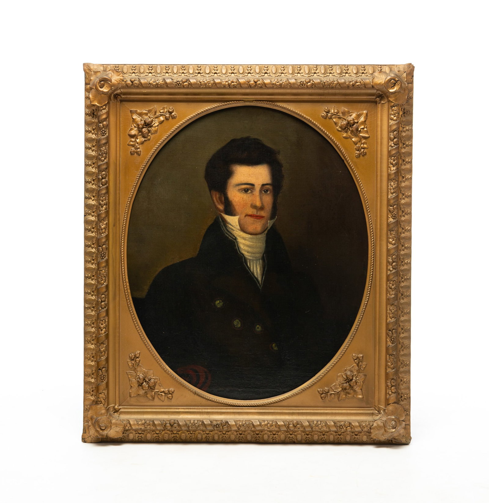 AMERICAN SCHOOL PORTRAIT OF A GENTLEMAN.: AMERICAN SCHOOL PORTRAIT OF A GENTLEMAN. Early 19th Century. Oil on canvas relined on Masonite. Unsigned. A seated gentleman with dark hair, wearing a high-collared white shirt and a black jacket. In