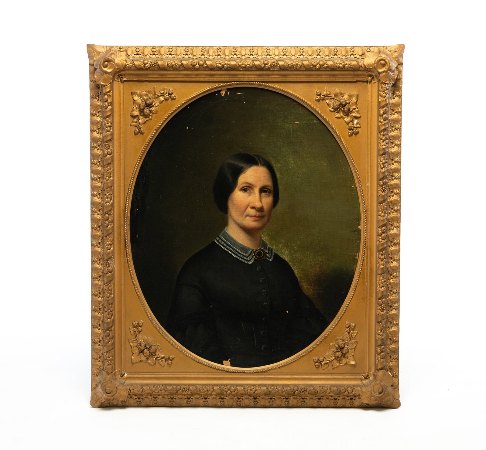 AMERICAN SCHOOL PORTRAIT OF A WOMAN IN MOURNING.: AMERICAN SCHOOL PORTRAIT OF A WOMAN IN MOURNING. Mid-19th Century. Oil on canvas re-backed on Masonite. A seated woman with her hair pulled back, a black button-up dress with a lace collar, and a