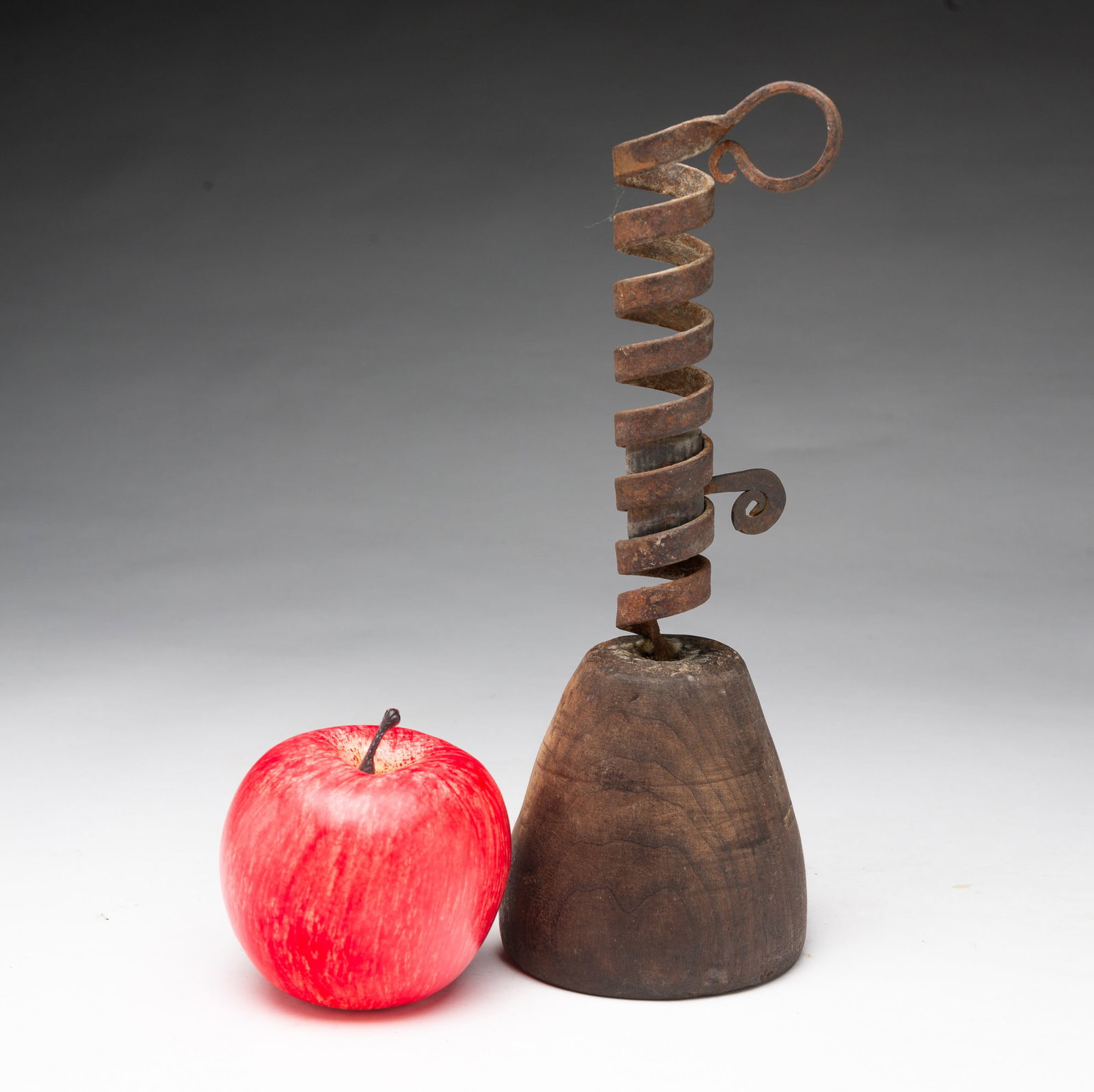 WROUGHT IRON SPIRAL CANDLESTICK WITH WOOD BASE. (1 of 4)