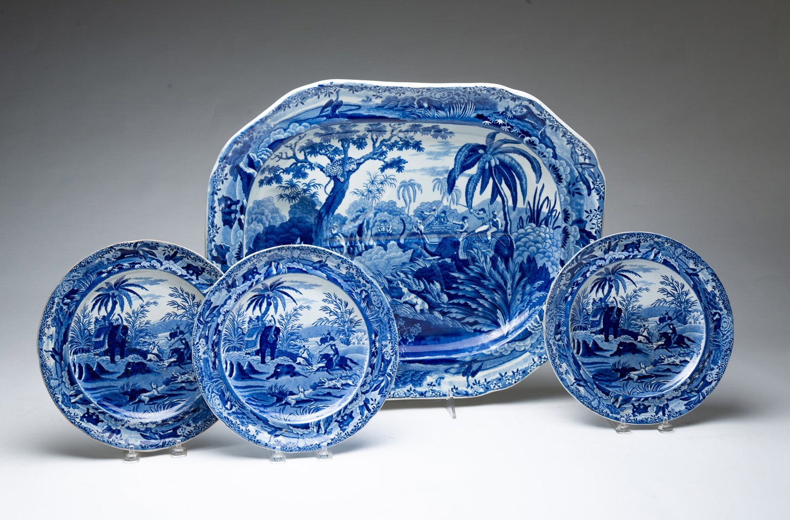 BLUE TRANSFERWARE MEAT PLATTER AND PLATES. (1 of 14)