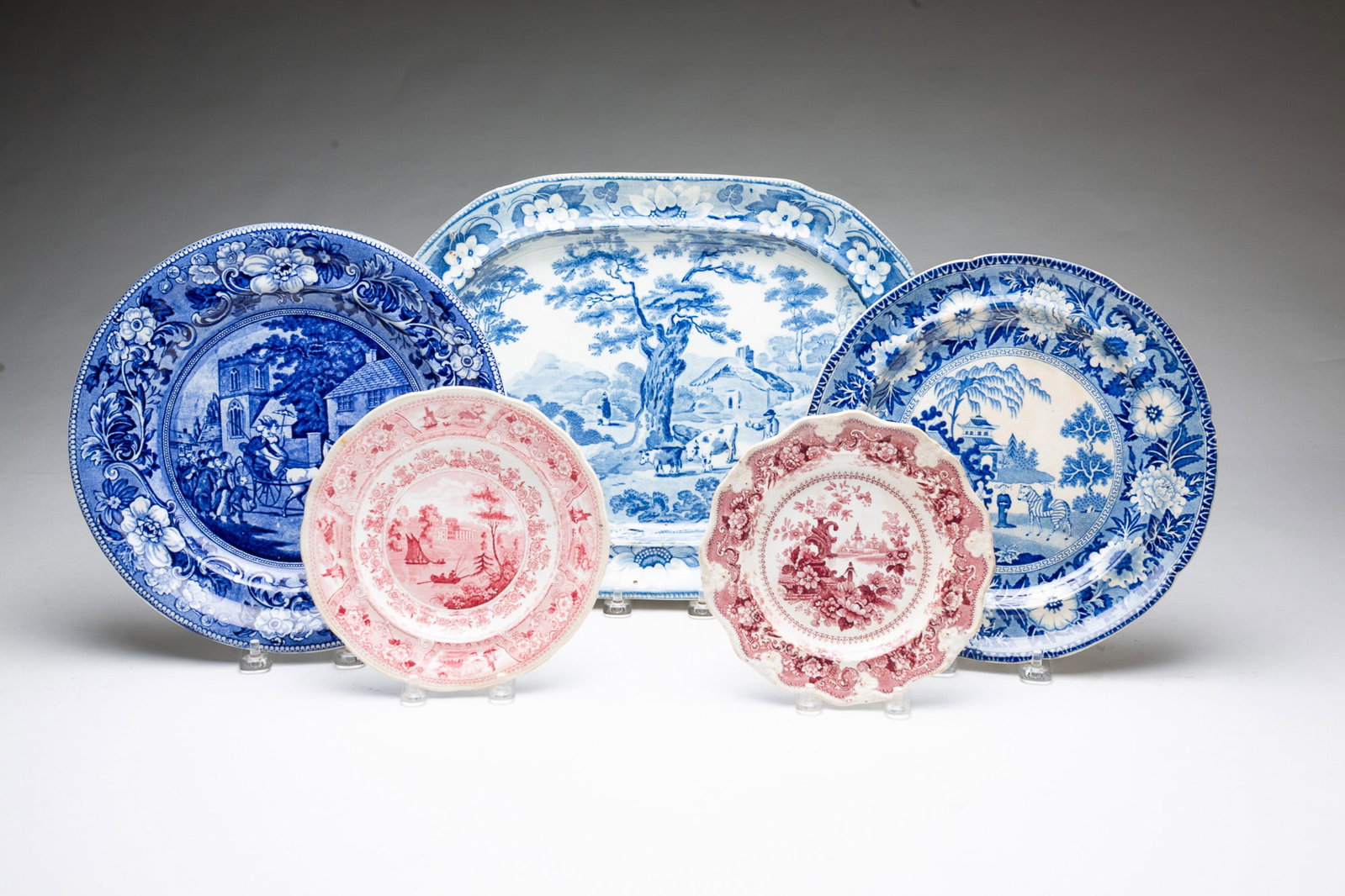 FOUR TRANSFERWARE PLATES AND A PLATTER. (1 of 8)