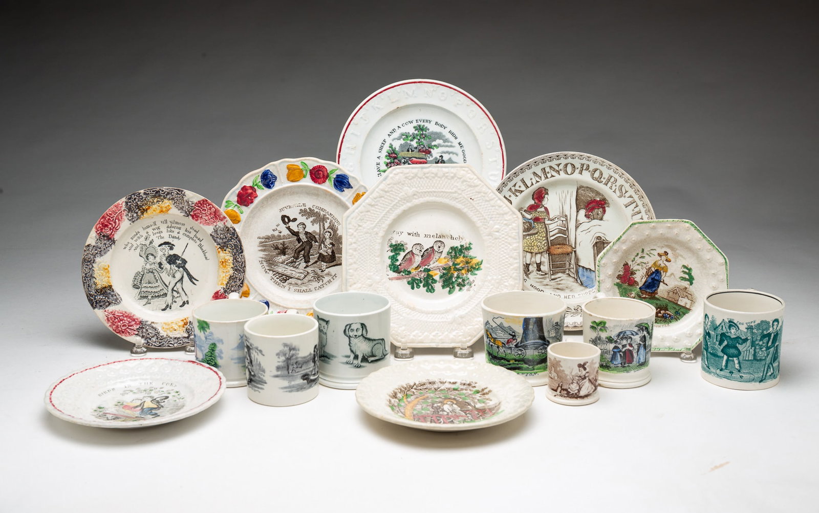 GROUP OF CHILDREN'S TRANSFERWARE MUGS AND SAUCERS. (1 of 7)