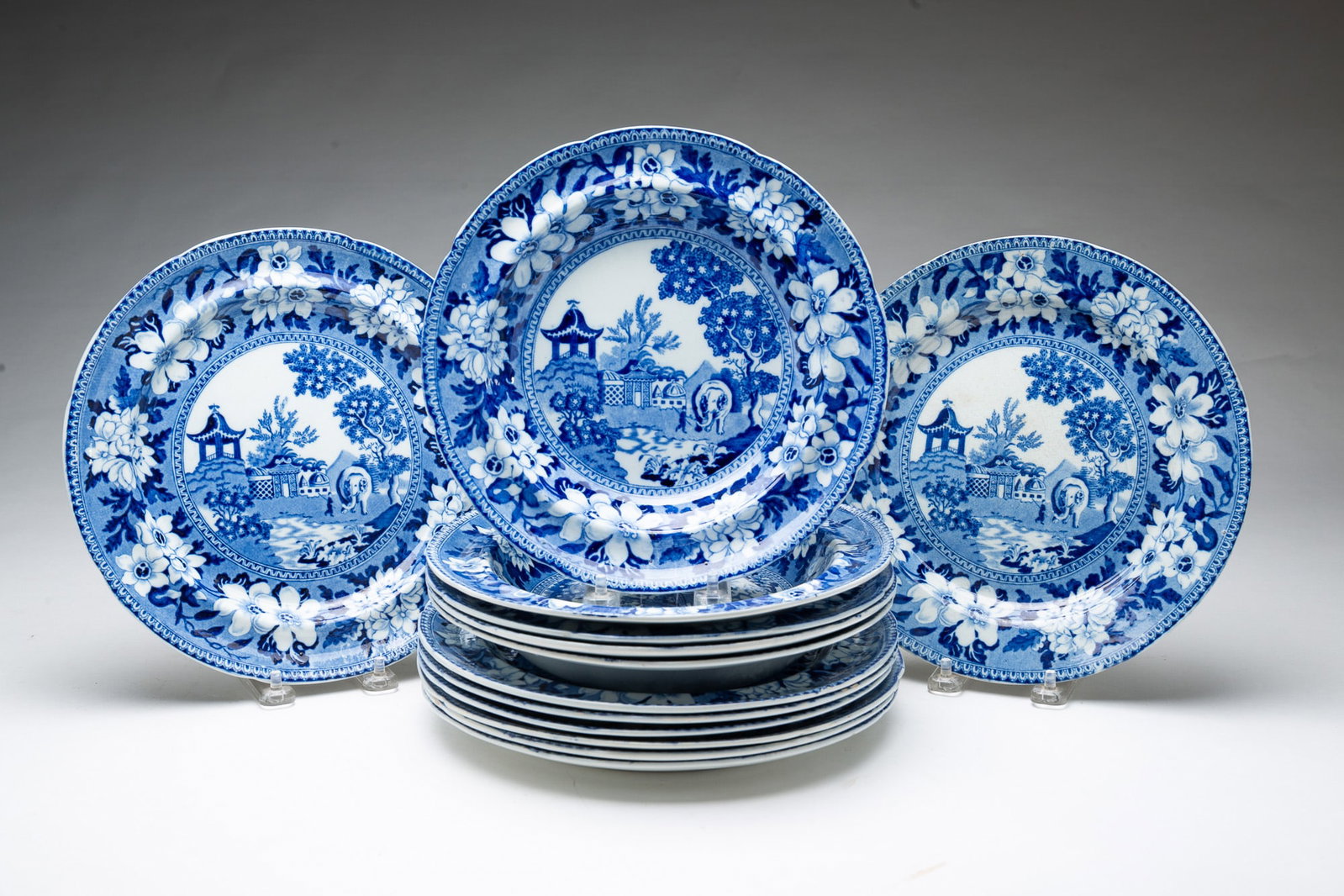 ROGERS "ELEPHANT AND PAGODA" BLUE TRANSFERWARE PLATES AND BOWLS. (1 of 3)