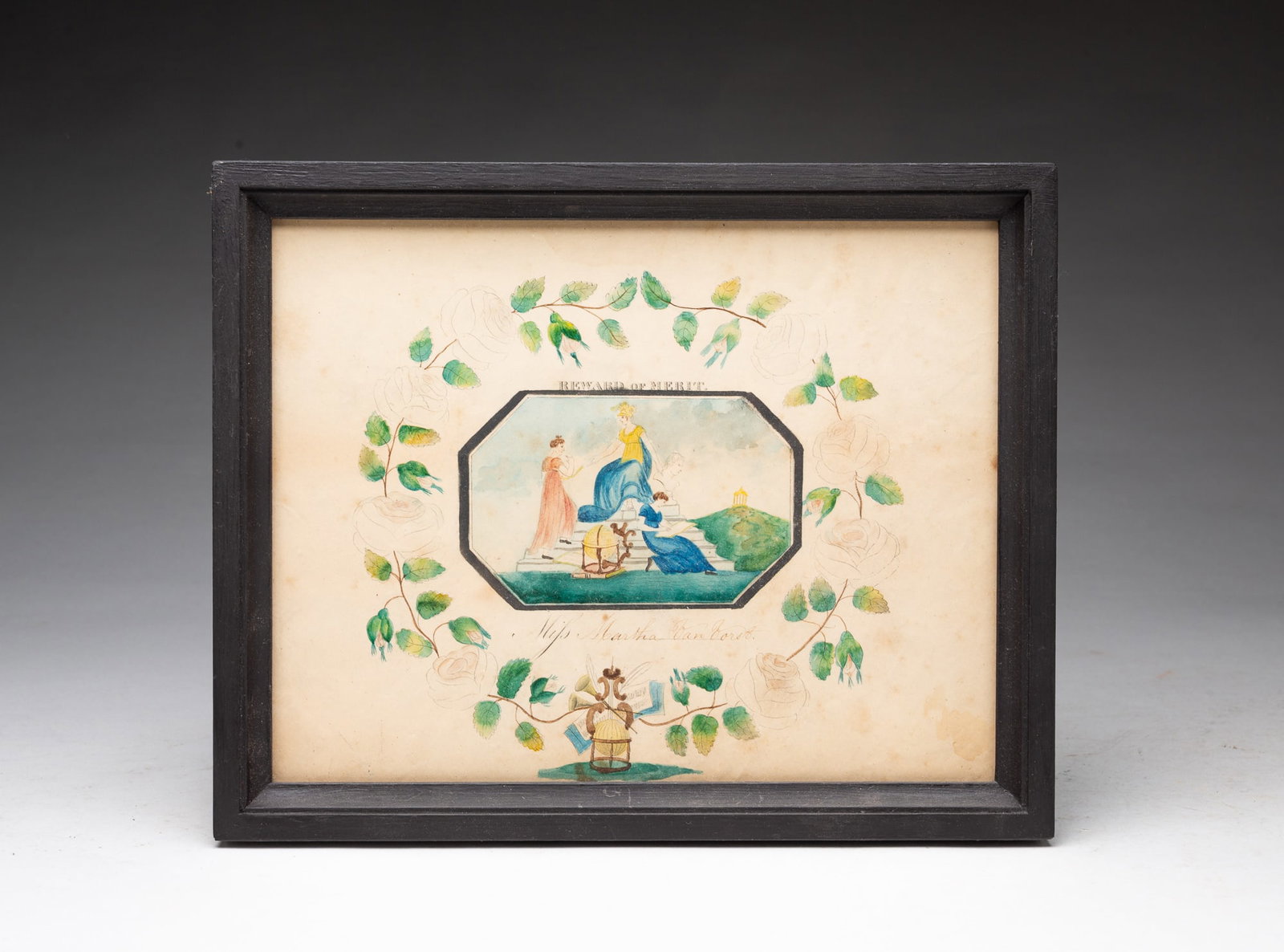 WATERCOLOR, INK, AND ENGRAVED "REWARD OF MERIT" FOR MISS MARTHA VAN VORST.: WATERCOLOR, INK, AND ENGRAVED "REWARD OF MERIT" FOR MISS MARTHA VAN VORST. American, 19th Century. Central octagonal panel depicting women on a stepped structure being instructed to study texts while
