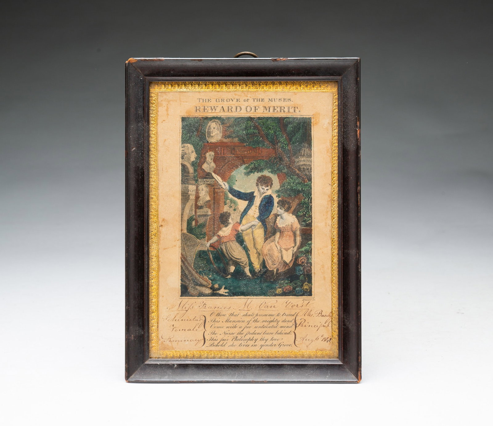 WATERCOLOR, INK, AND ENGRAVED "REWARD OF MERIT" FOR MISS FRANCES M. VAN VORST BY KNEASS, DATED 1841. (1 of 4)