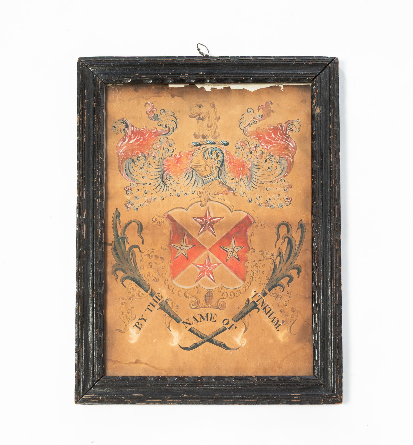 ATTRIBUTED TO JOHN COLES, SR. (BOSTON, 1749-1809) GOUACHE ON PAPER TINKHAM FAMILY COAT OF ARMS.: ATTRIBUTED TO JOHN COLES, SR. (BOSTON, 1749-1809) GOUACHE ON PAPER TINKHAM FAMILY COAT OF ARMS. American, 18th Century. A lion head above a knight's head in armor flanked by scrolls and flourishes,