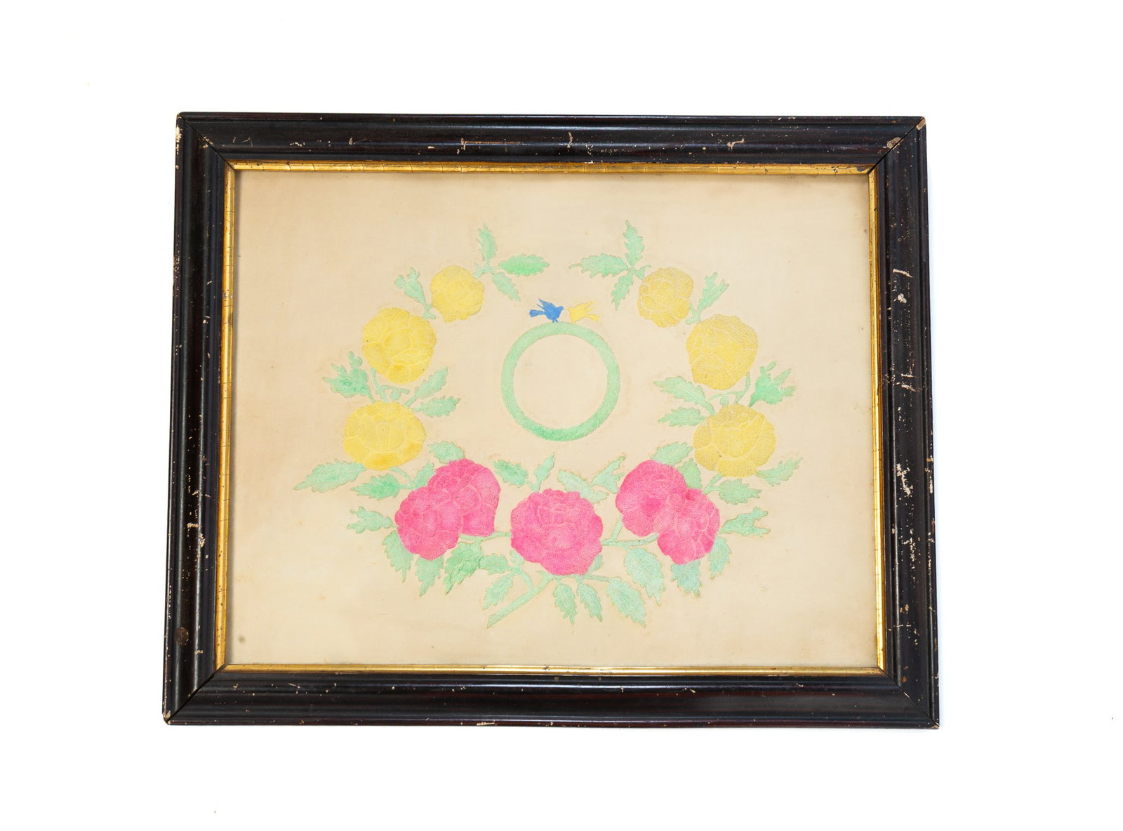 FOLK ART PUNCHED AND PAINTED WATERCOLOR FLORAL STILL LIFE.: FOLK ART PUNCHED AND PAINTED WATERCOLOR FLORAL STILL LIFE. American, 19th Century. Watercolor on punched paper. Pink and yellow flowers arranged in a wreath surrounding a green circle with two birds