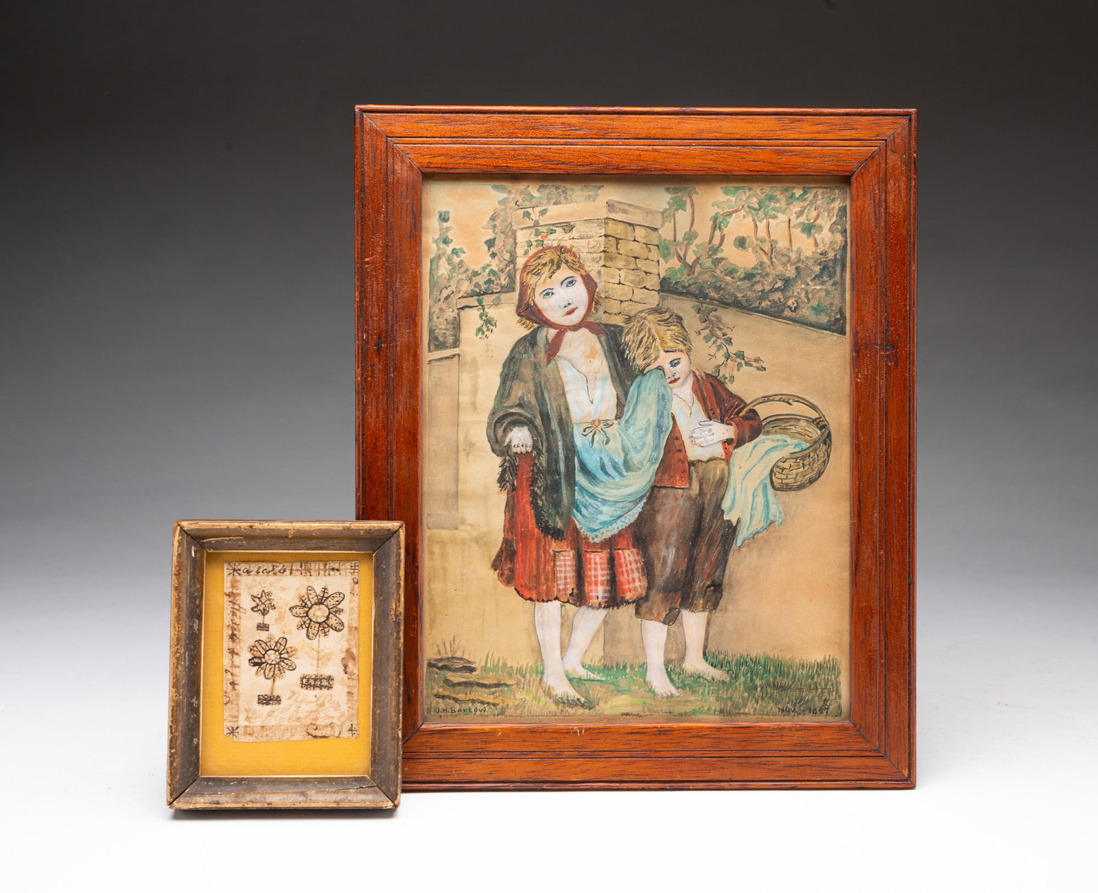 INK DOODLE BY SARAH SWARTZ AND GOUACHE PAINTING OF CHILDREN SIGNED J.H. BARLOW.: INK DOODLE BY SARAH SWARTZ AND GOUACHE PAINTING OF CHILDREN SIGNED J.H. BARLOW. American, 19th Century. The first a small sketch of flowers, letters, and doodles with a note on the back of the frame r