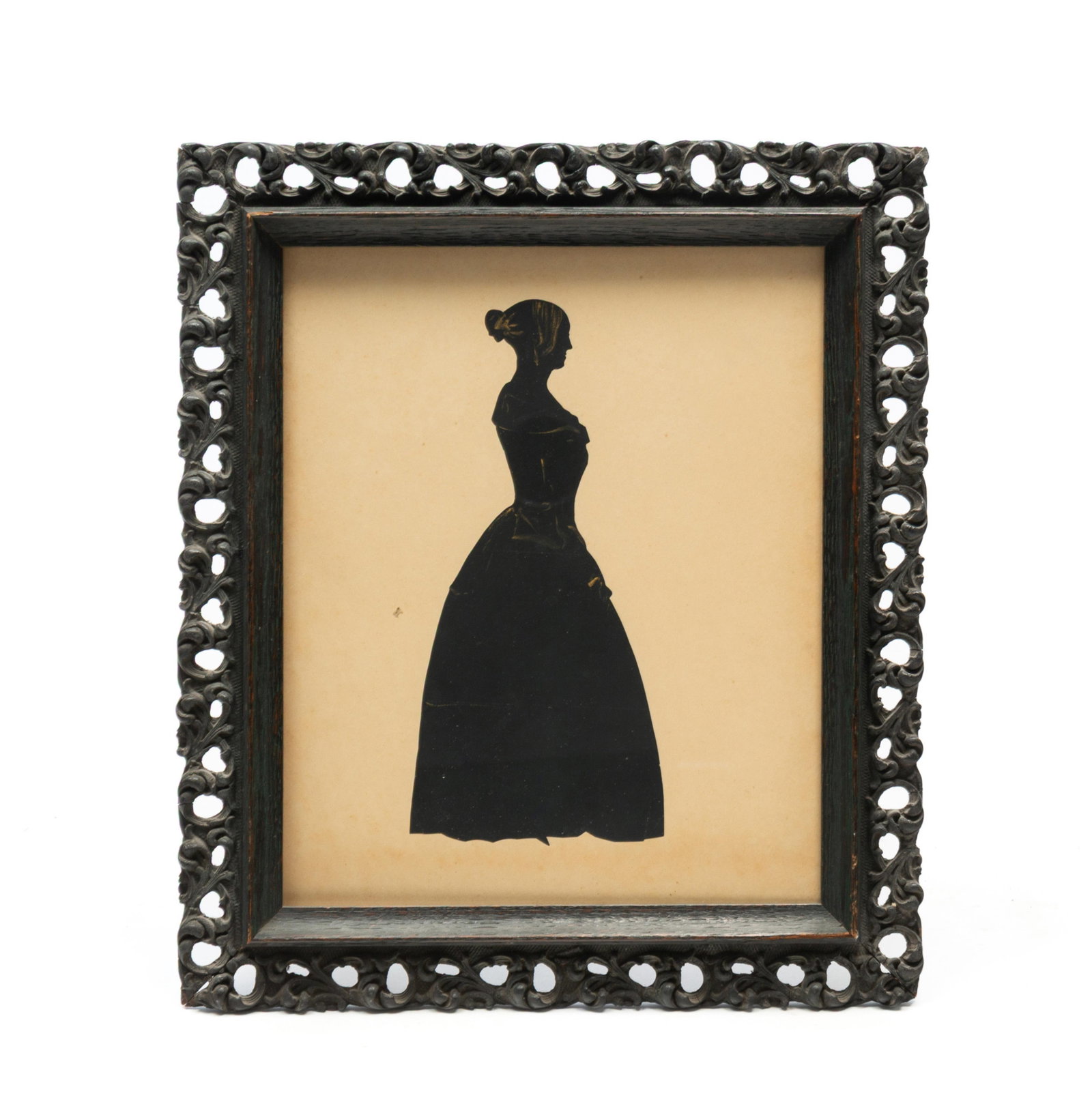 AMERICAN SCHOOL CUT PAPER AND GOUACHE FULL-LENGTH SILHOUETTE OF A LADY.: AMERICAN SCHOOL CUT PAPER AND GOUACHE FULL-LENGTH SILHOUETTE OF A LADY. 19th Century. Profile portrait of a woman facing right, wearing a dress with her hands at her side and her hair pulled back in
