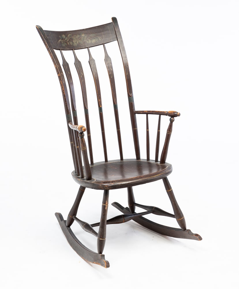 PAINT-DECORATED ARROWBACK ROCKING ARMCHAIR. (1 of 5)