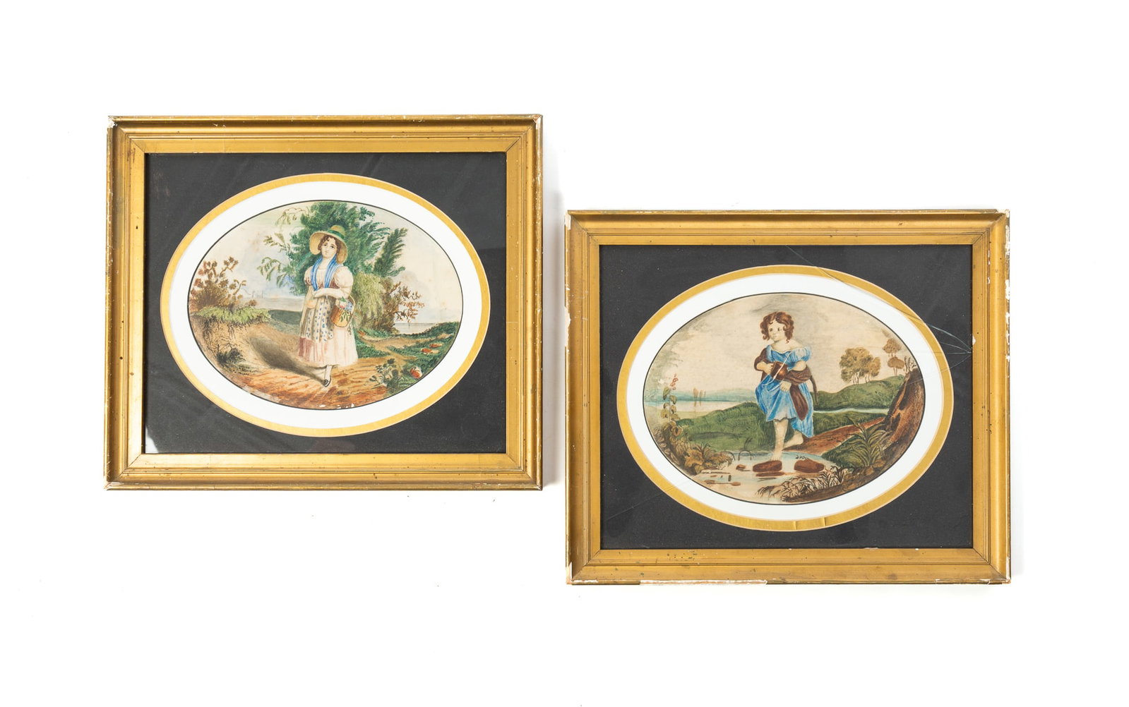 A PAIR OF NEW ENGLAND WATERCOLOR LANDSCAPES WITH FIGURES.: A PAIR OF NEW ENGLAND WATERCOLOR LANDSCAPES WITH FIGURES. American, 19th Century. The first depicting a woman wearing a straw hat and carrying a basket of flowers on a dirt path in front of shrubbery