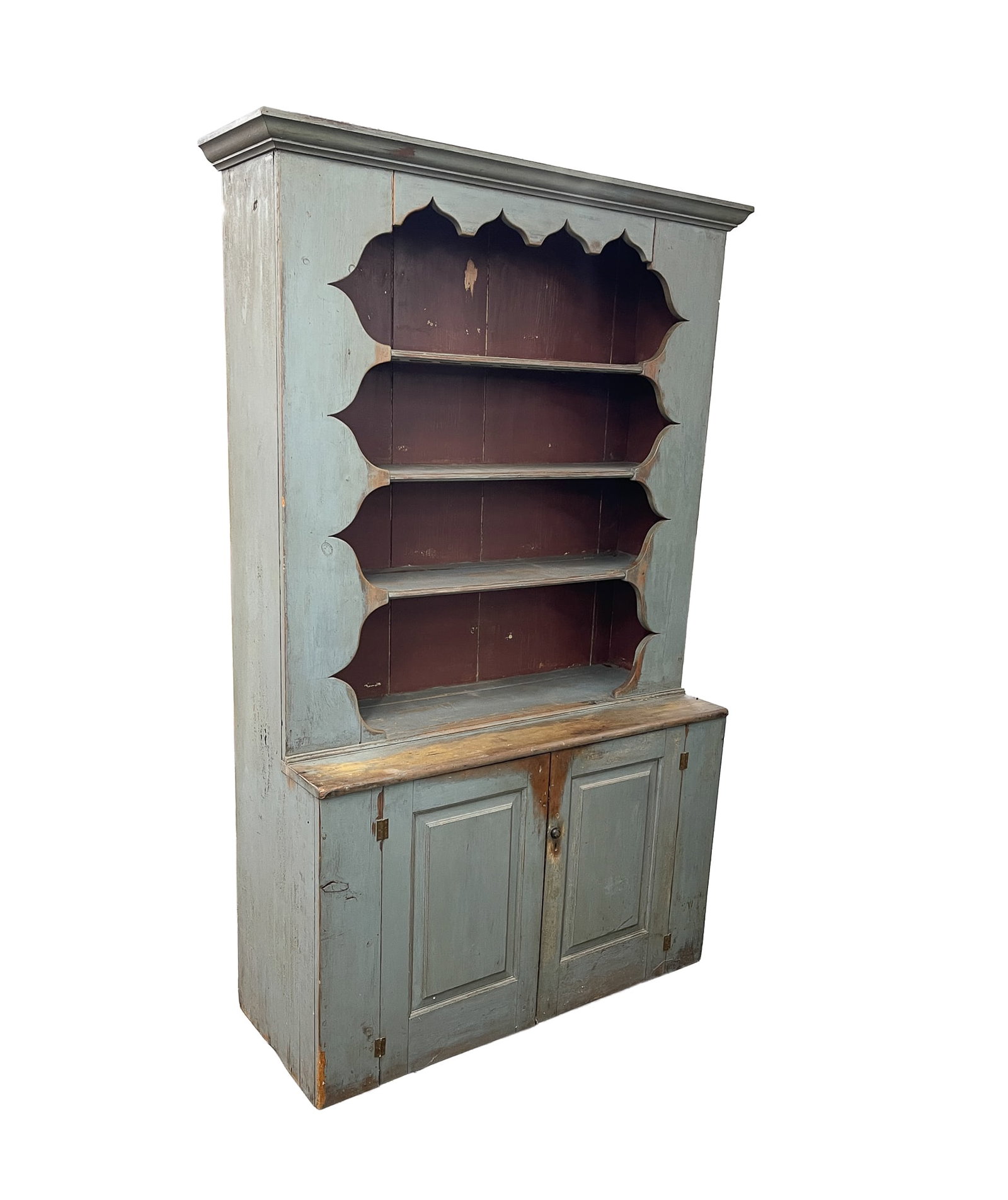 OPEN PEWTER CUPBOARD WITH BLUE GREEN PAINT. (1 of 5)
