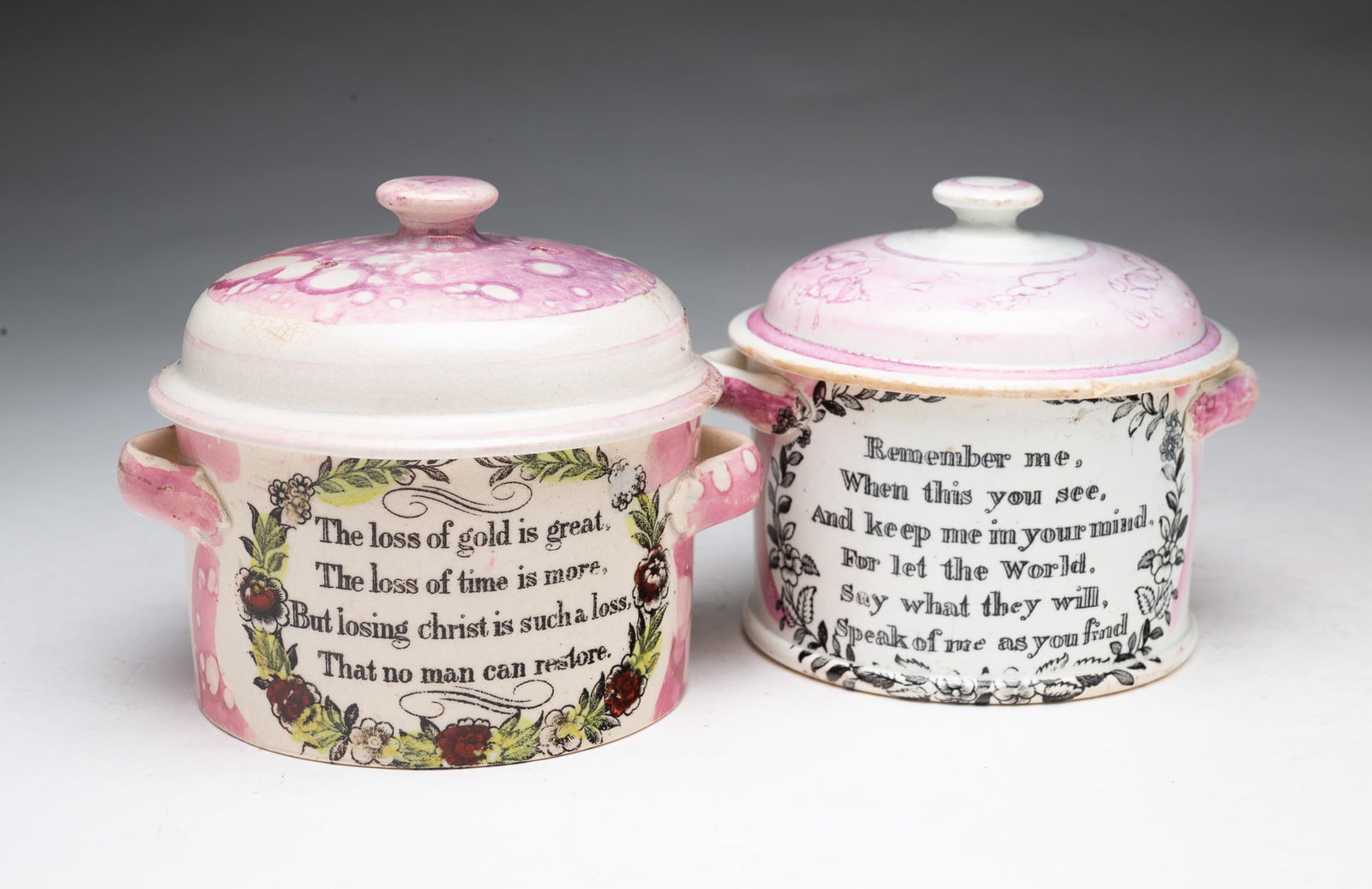 TWO SUNDERLAND LUSTER LIDDED BUTTER POTS.: TWO SUNDERLAND LUSTER LIDDED BUTTER POTS. England, 19th Century. Circular form, double handles, and lids with knob finials. One features a ship with hand colored accents and a religious verse to