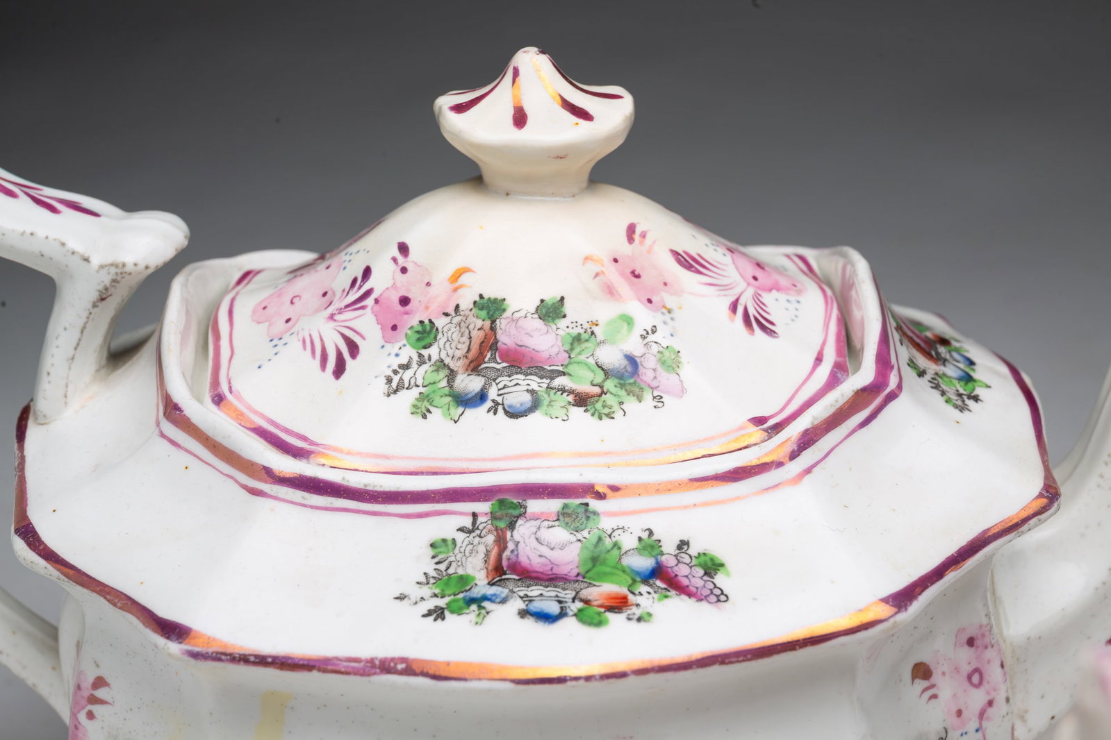 THREE PINK LUSTERWARE TEAPOTS. - 4