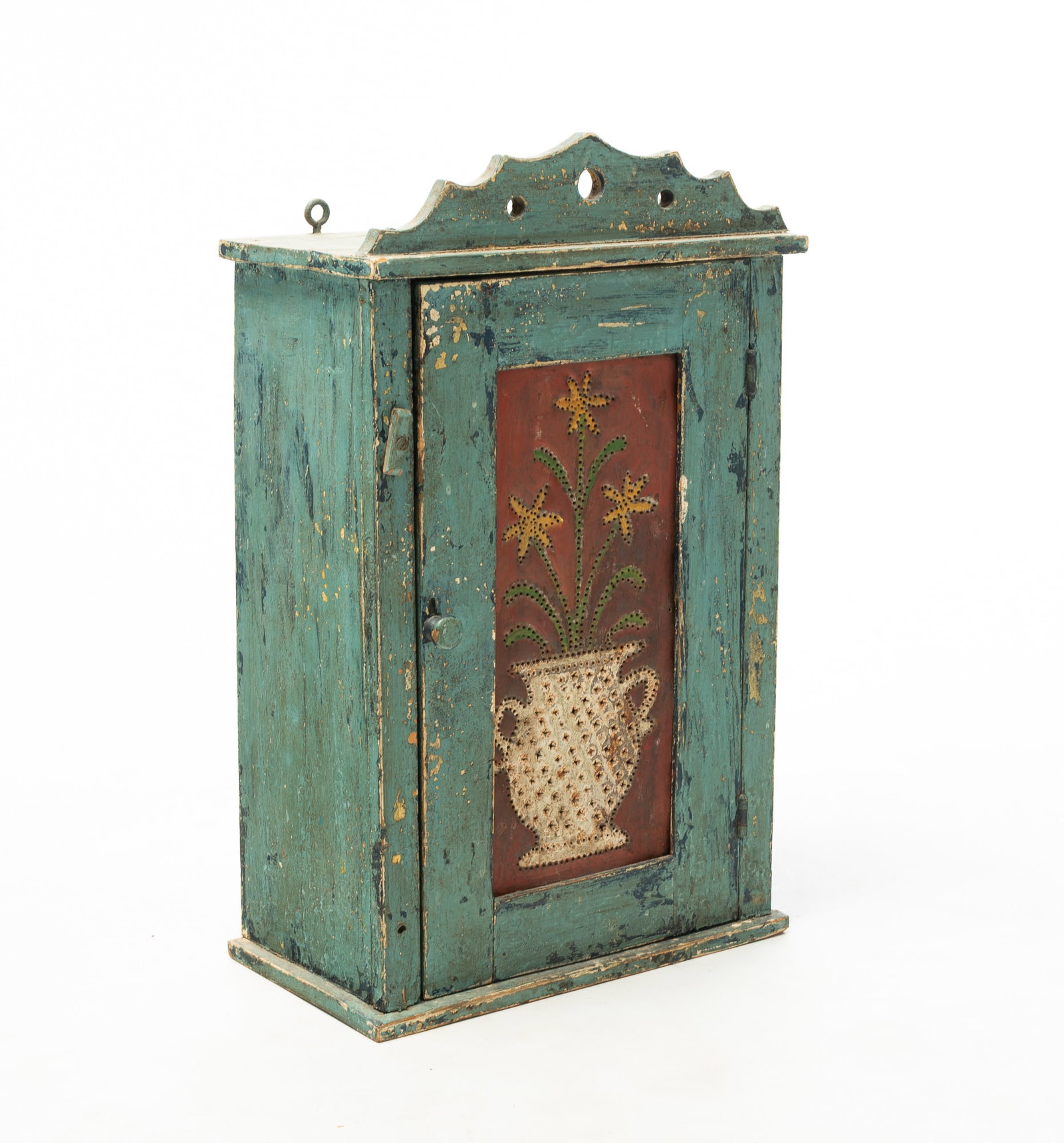 DIMINUTIVE FOLKSY PAINT-DECORATED AND PUNCHED TIN HANGING CABINET. (1 of 6)