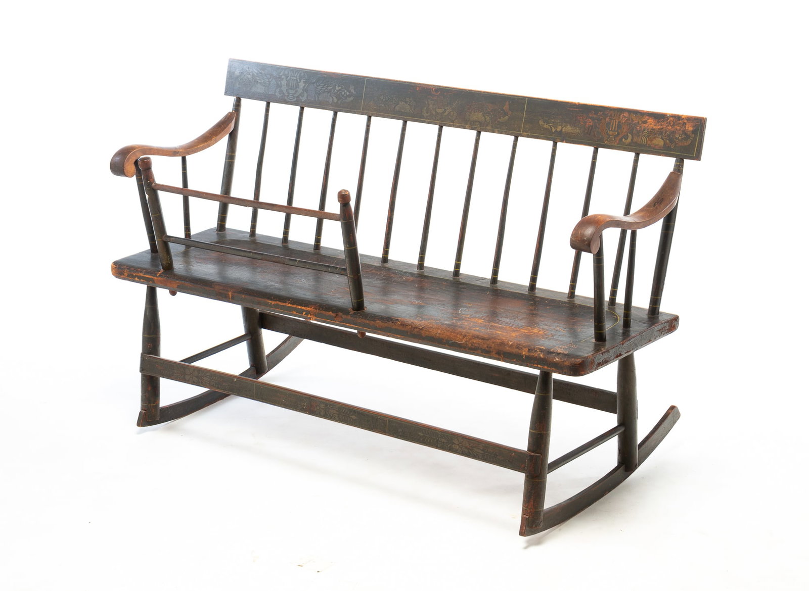 MAMMY'S BENCH WITH ORIGINAL PAINT AND STENCILED DECORATION.: MAMMY'S BENCH WITH ORIGINAL PAINT AND STENCILED DECORATION. American, First half 19th Century. Rectangular slat crest, spindle back, simple turned stiles and legs, rolled arms, one board seat, box and